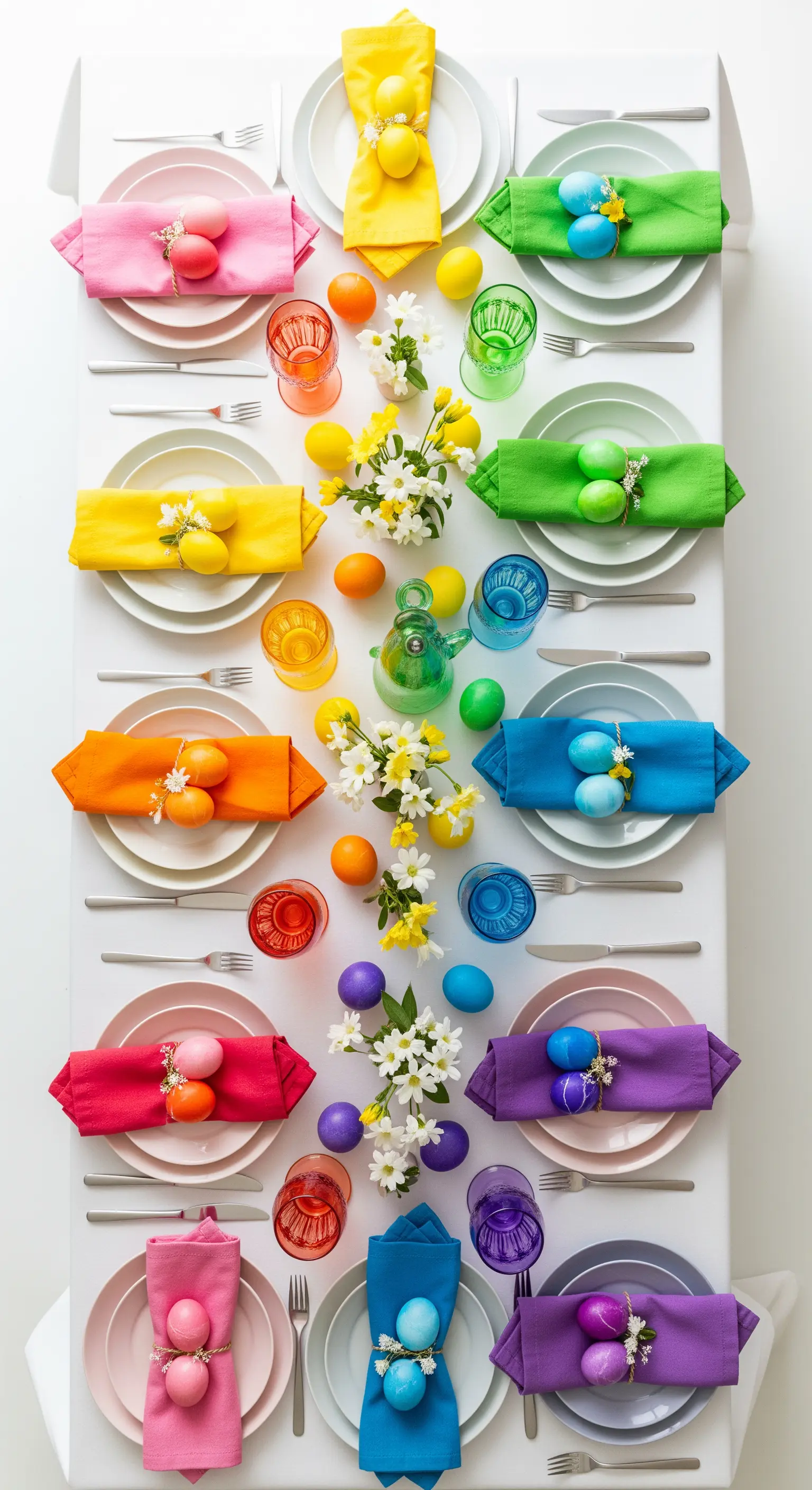 Tischdeko im Regenbogen-Verlauf, jedes Gedeck hat eine andere kräftige Farbe