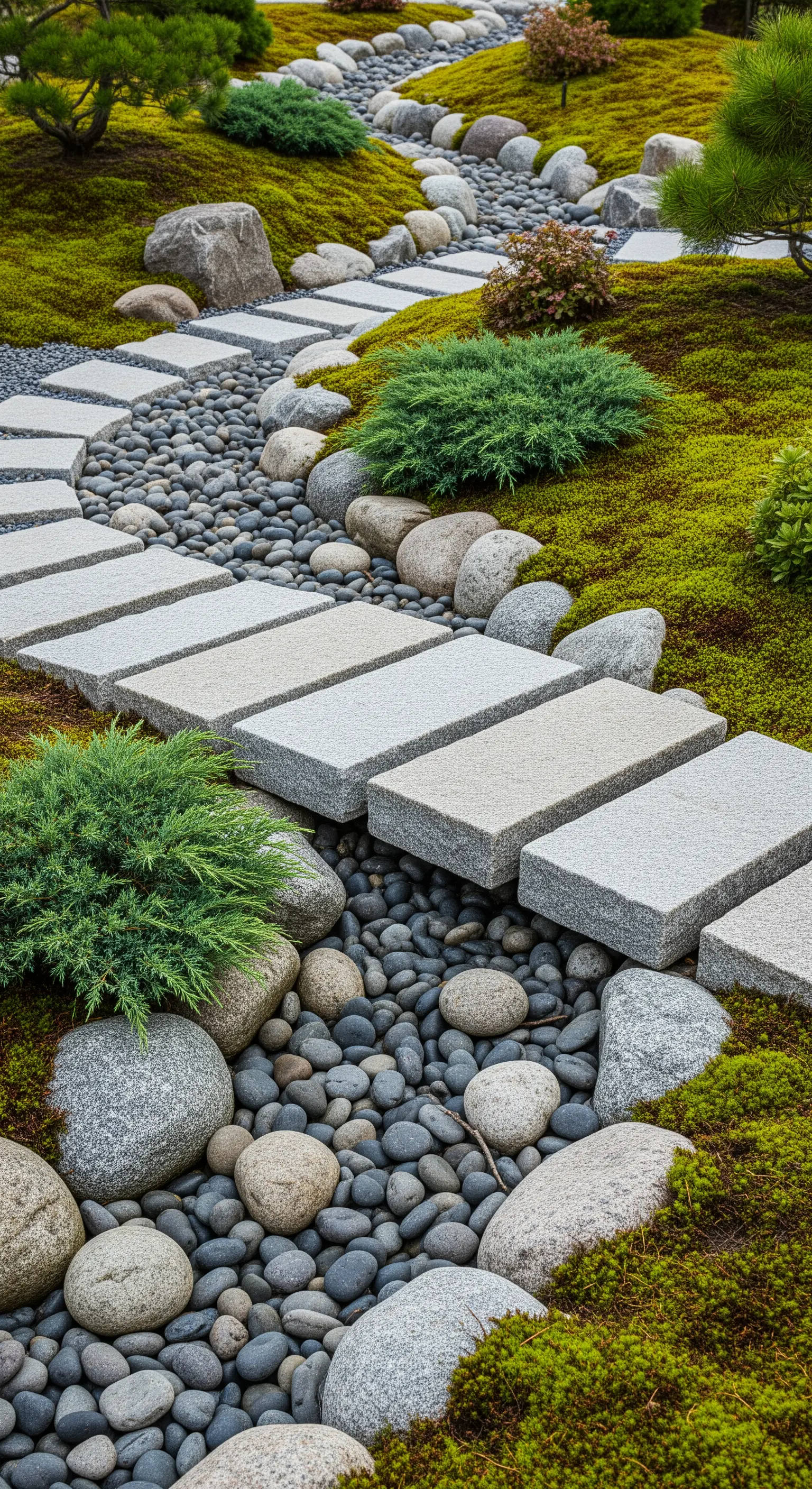 Weg aus rechteckigen Granitplatten durch Kiesel und Moos