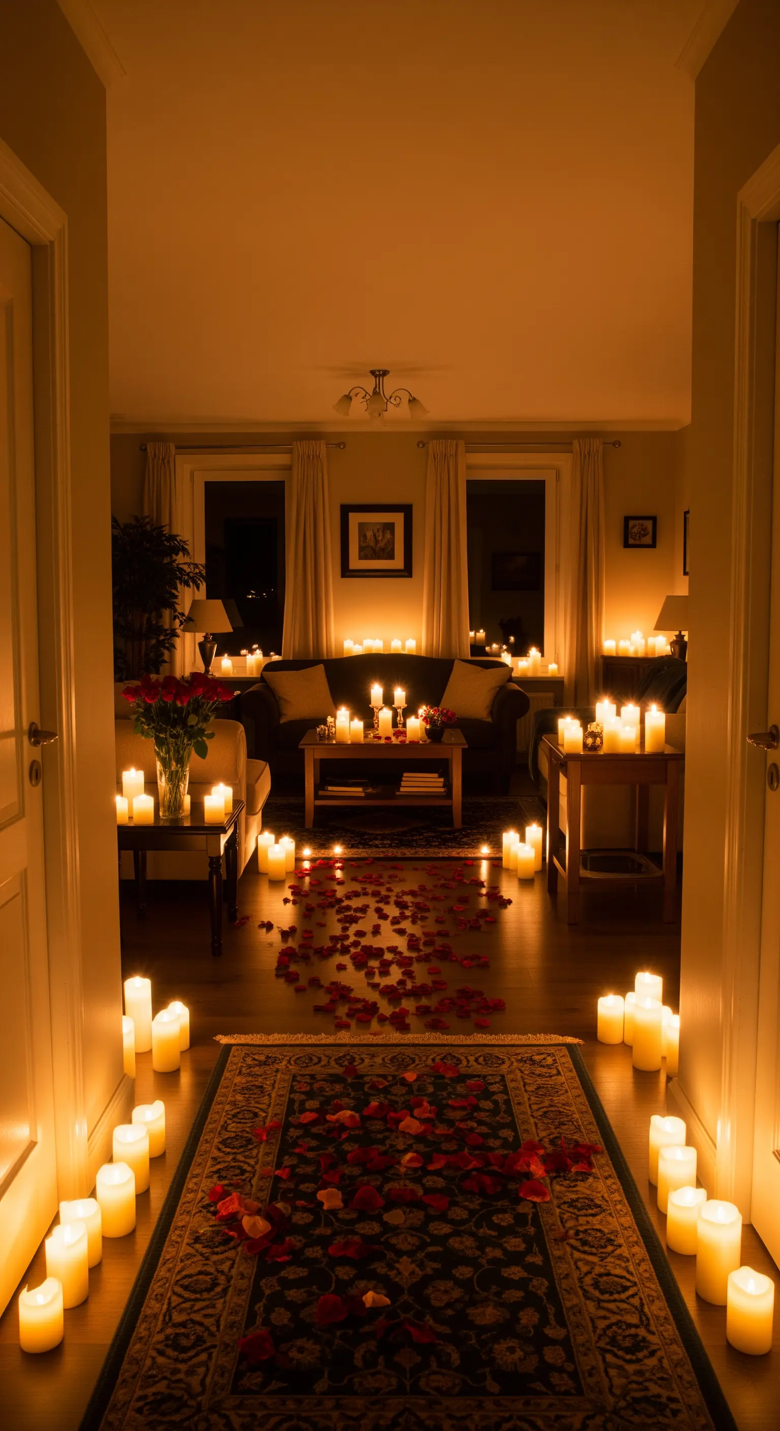 Kerzenpfad und Rosenblätter auf Teppich