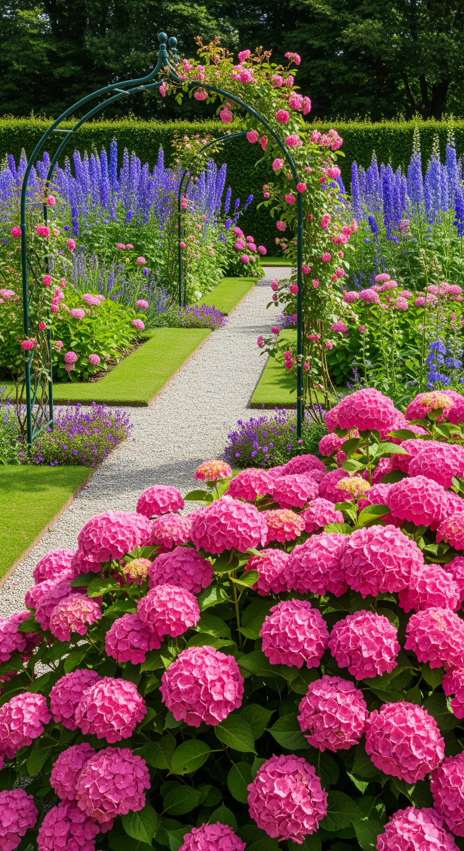 Grüner Metallbogen mit pinken Rosen und Hortensien