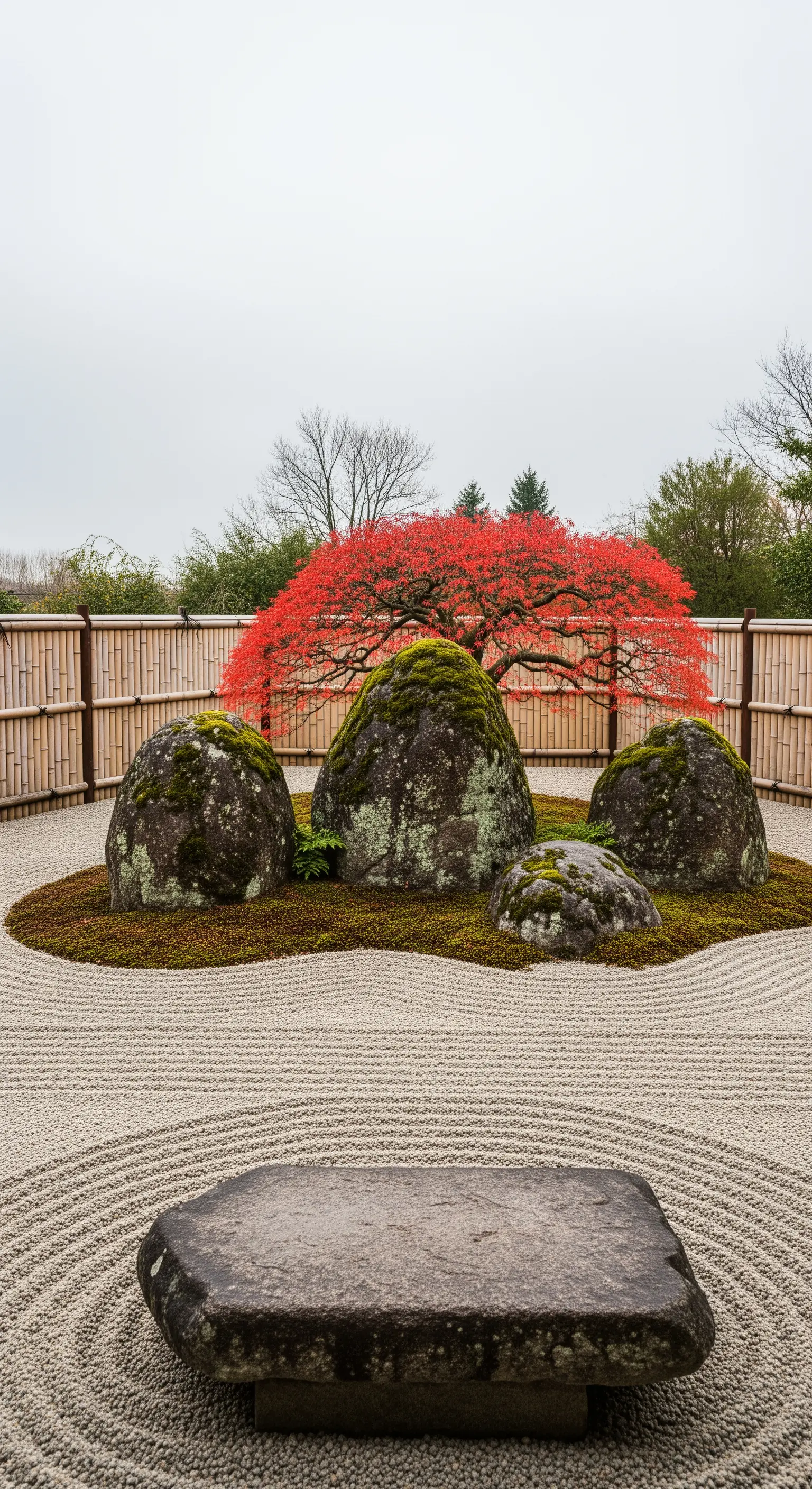 Roter Fächerahorn über moosbewachsenen Felsen im Kiesbett