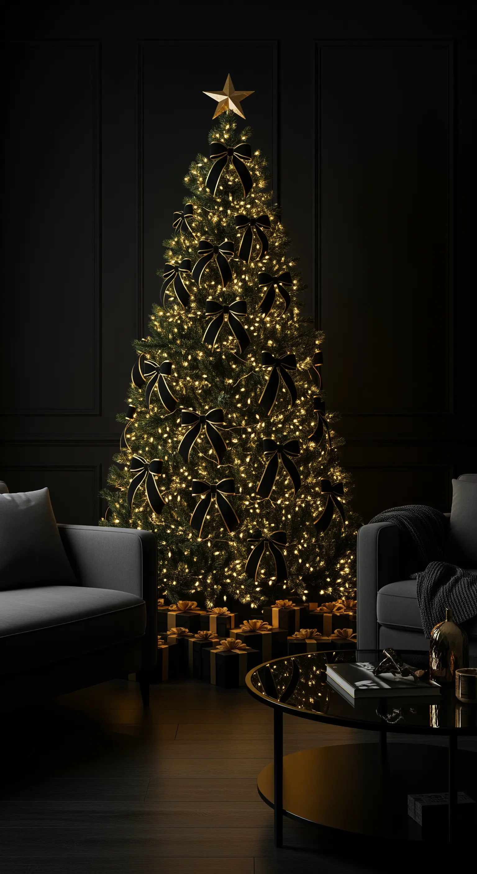 Weihnachtsbaum geschmückt mit vielen schwarzen Schleifen