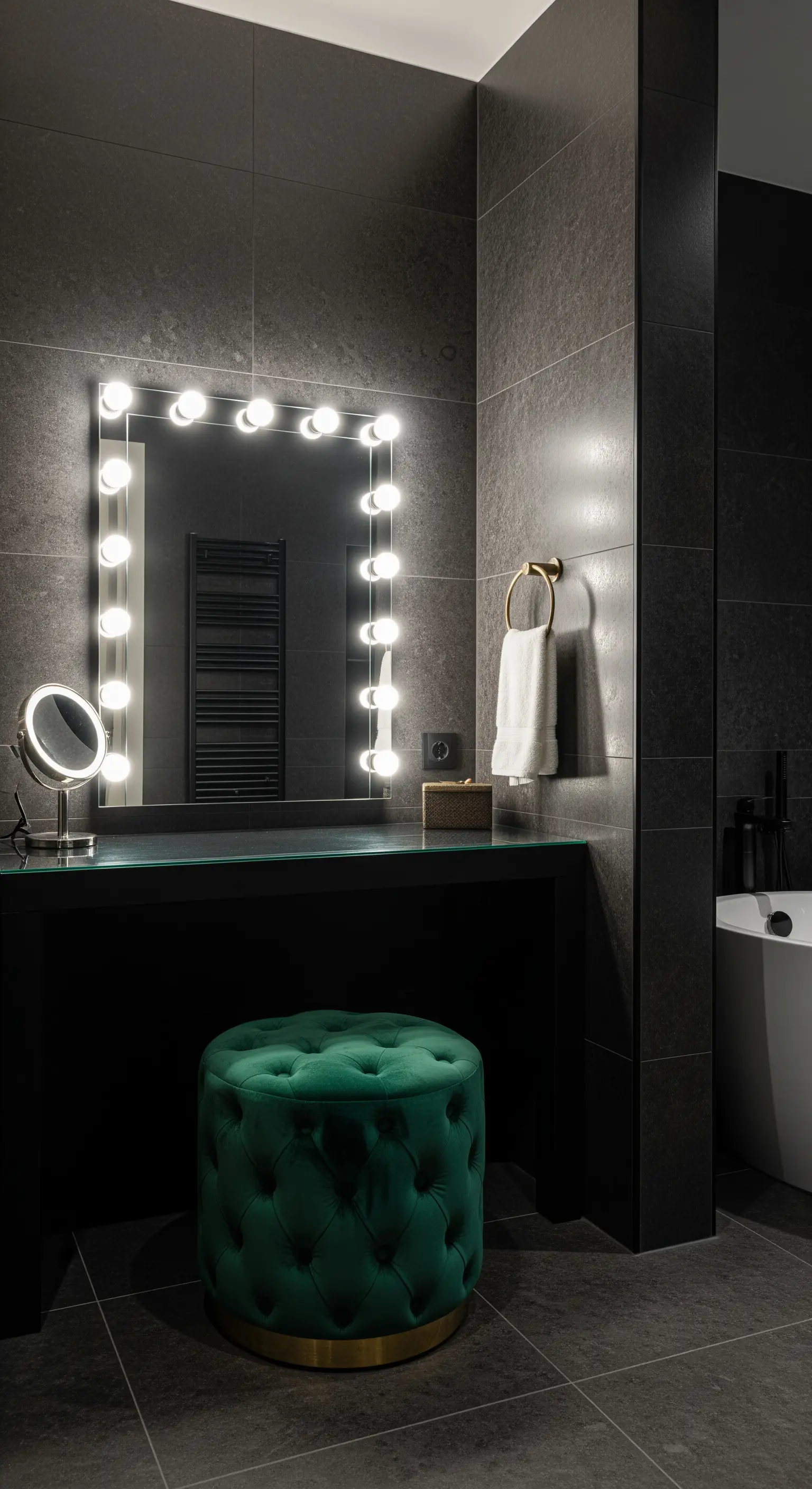 Beleuchteter Schminkspiegel und grüner Samthocker