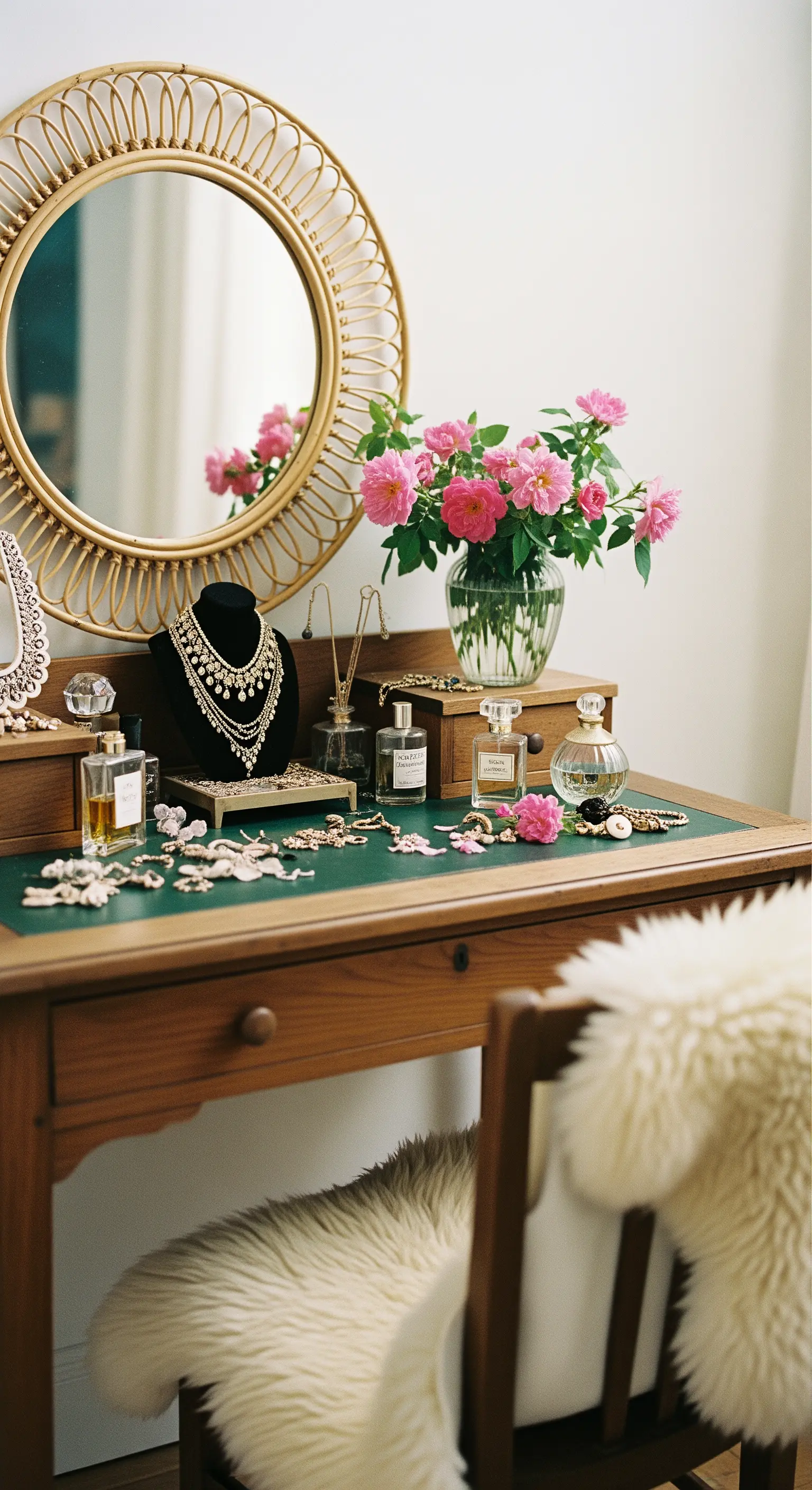Holzschminktisch mit Rattanspiegel und frischen rosa Rosen