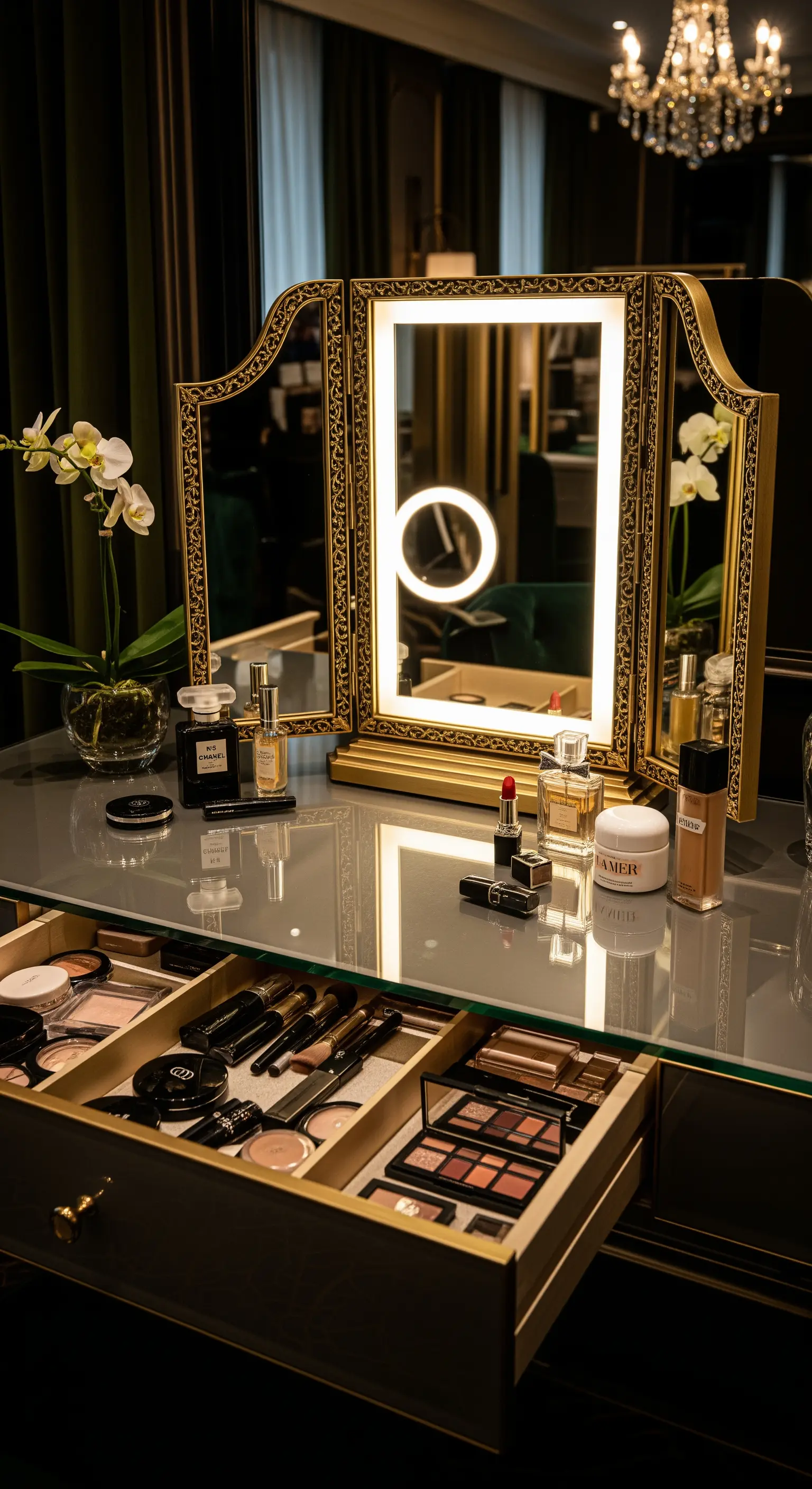 Beleuchteter Schminkspiegel auf Glastisch