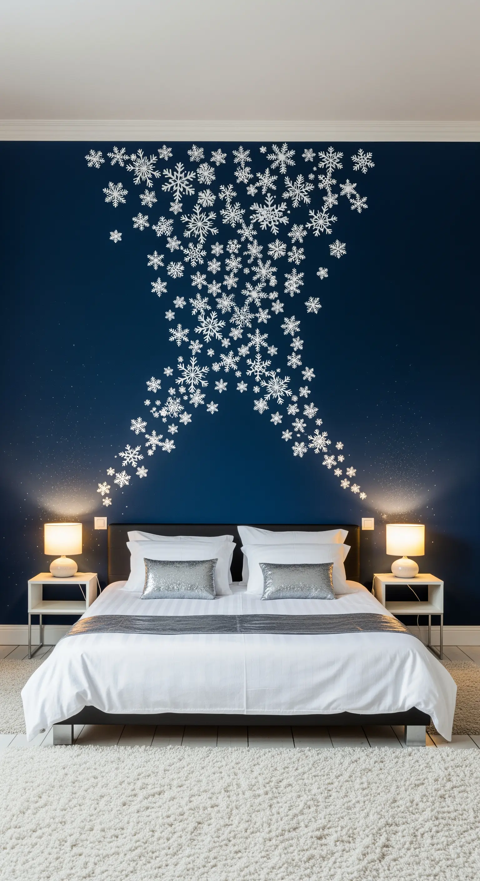 Dunkelblaue Wand mit weißen Schneeflocken-Stickern über dem Bett