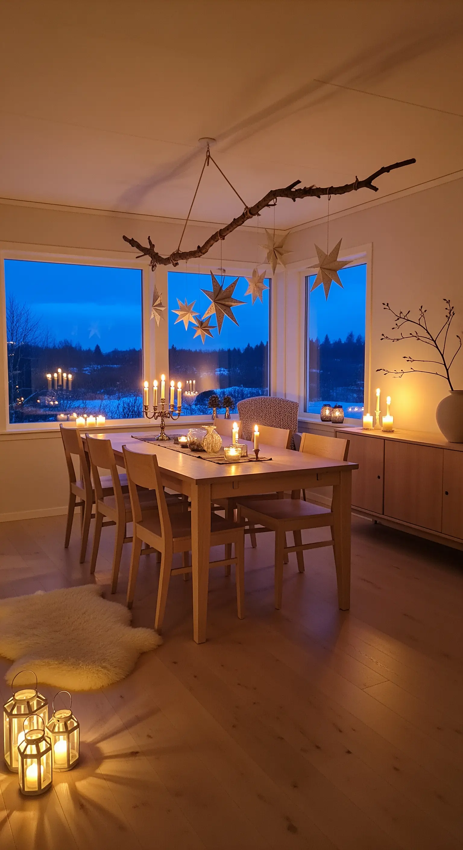 Ast über Esstisch mit hängenden Sternen und Lichtern