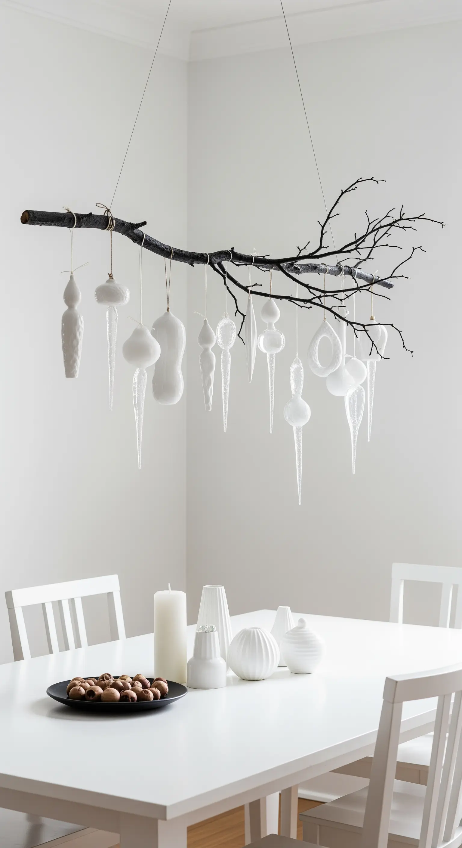 Über dem Esstisch hängender Ast mit vielen weißen Glasanhängern in Zapfenform