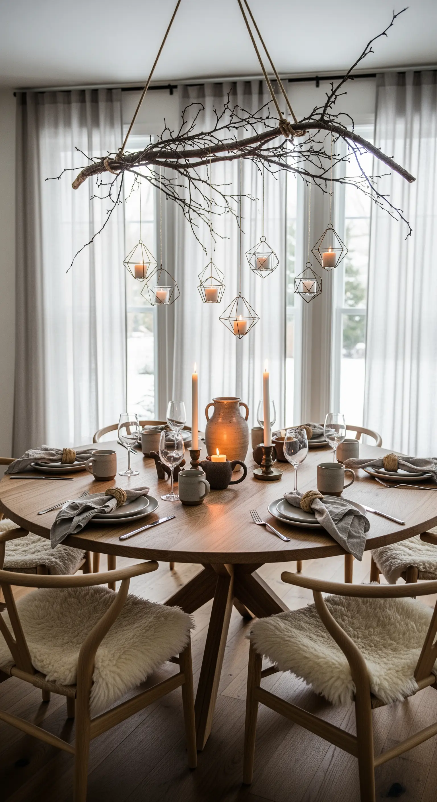 Esstisch mit hängendem Ast und Kerzenhaltern