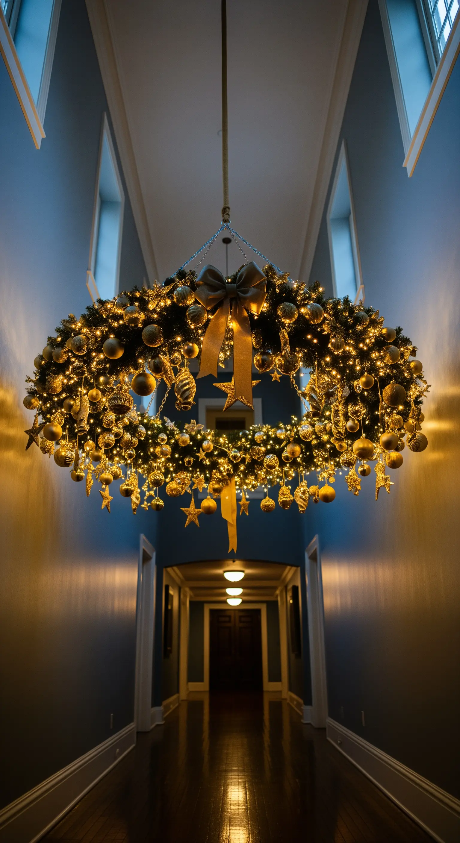 Waagerecht hängender beleuchteter Kranz im hohen Flur