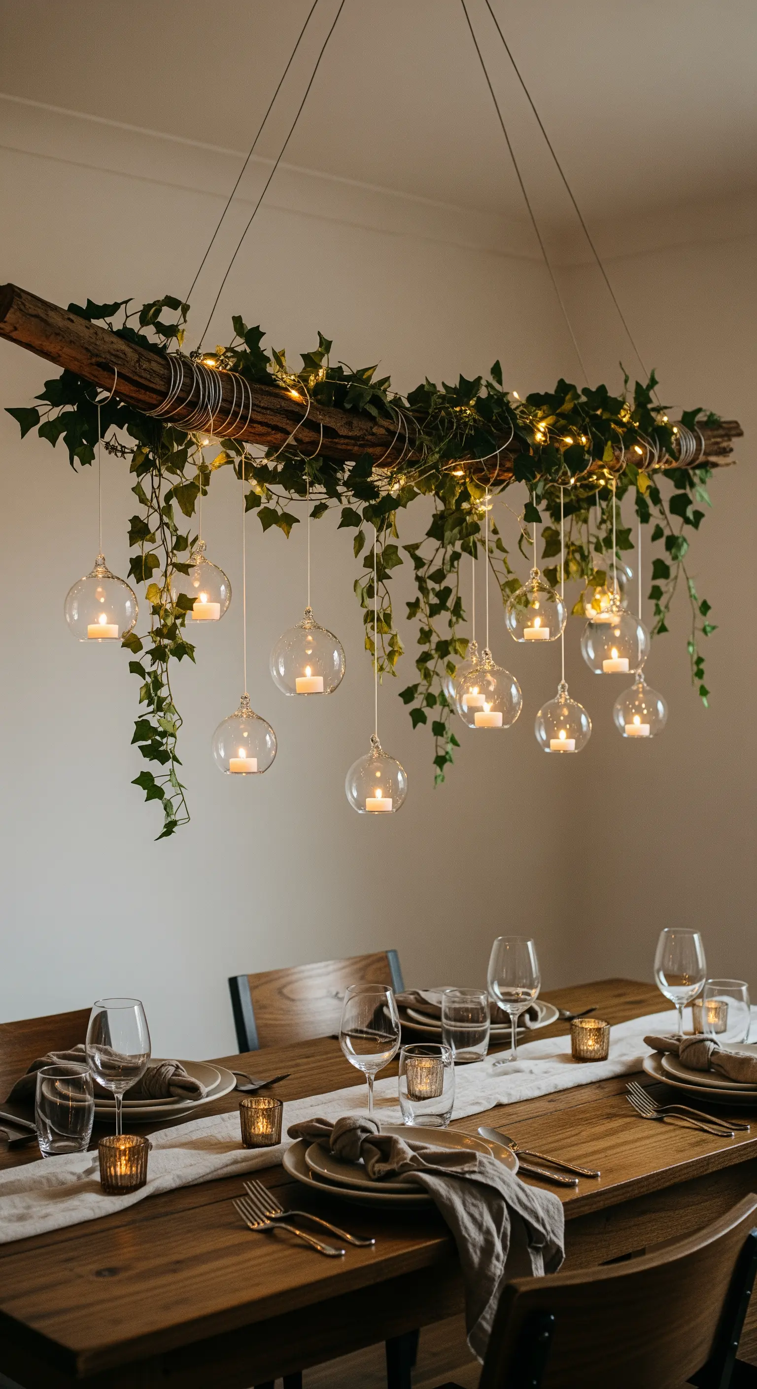 Über dem Esstisch hängender Ast mit Efeu und herabhängenden Teelichtgläsern