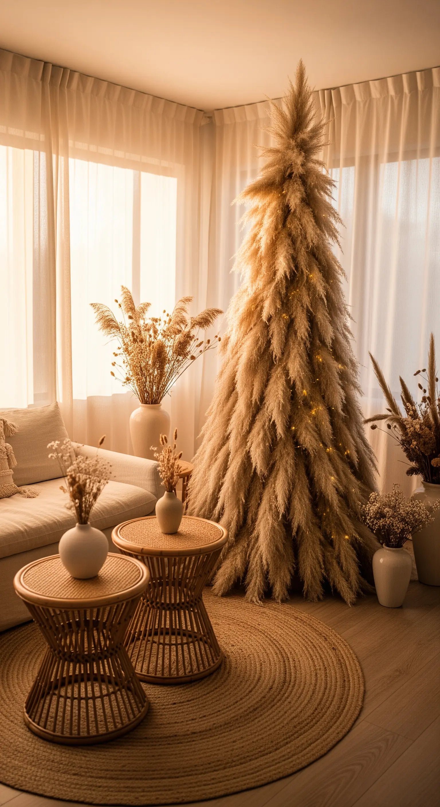 Weihnachtsbaum vollständig aus flauschigem Pampasgras mit integrierter Beleuchtung