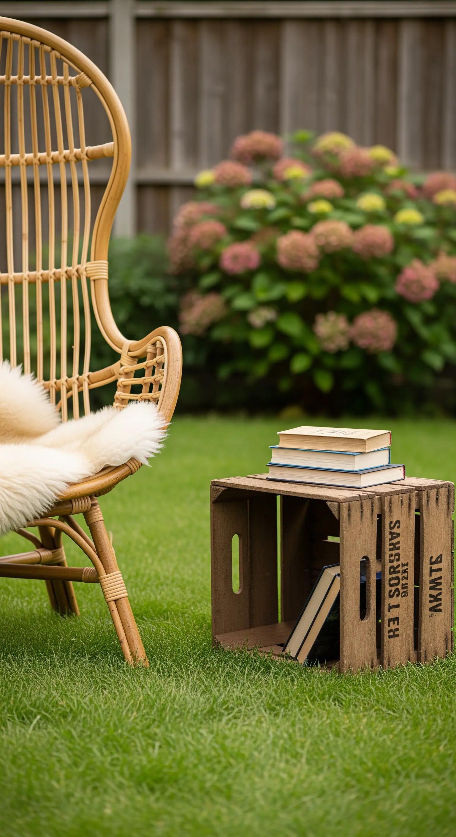 Hoher Rattanstuhl auf Rasenfläche