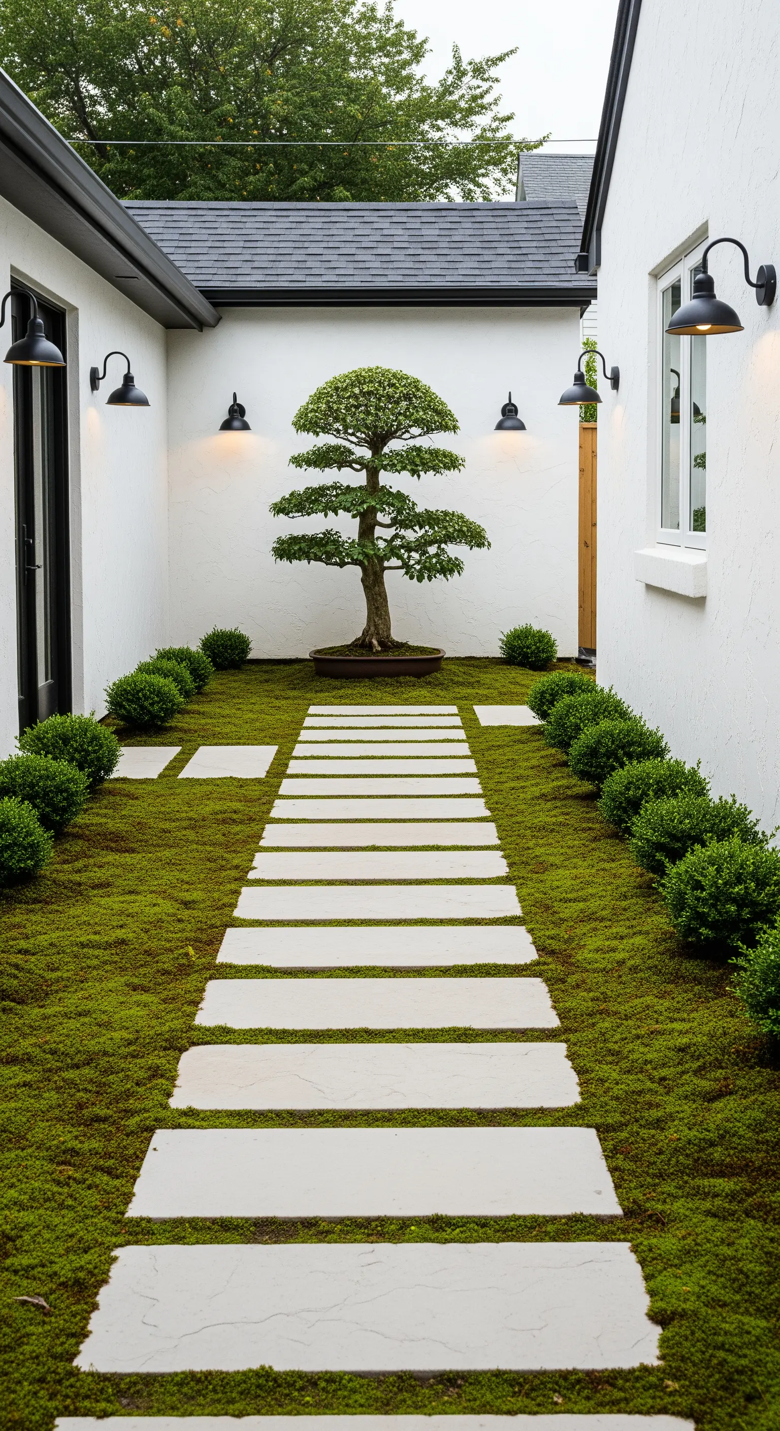 Einzelner Formbaum vor weißer Wand in minimalistischem Innenhof