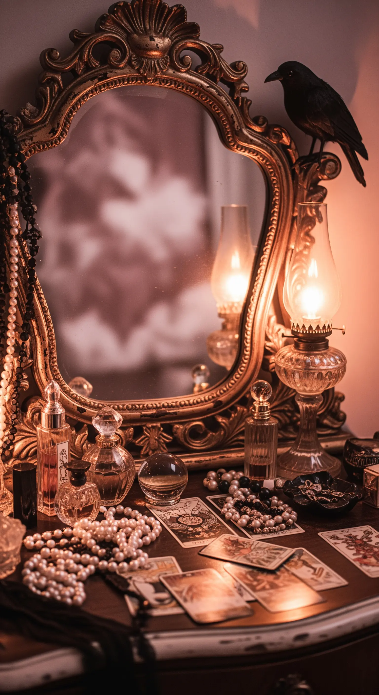 Antiker Spiegel mit Öllampen und Krähen-Deko