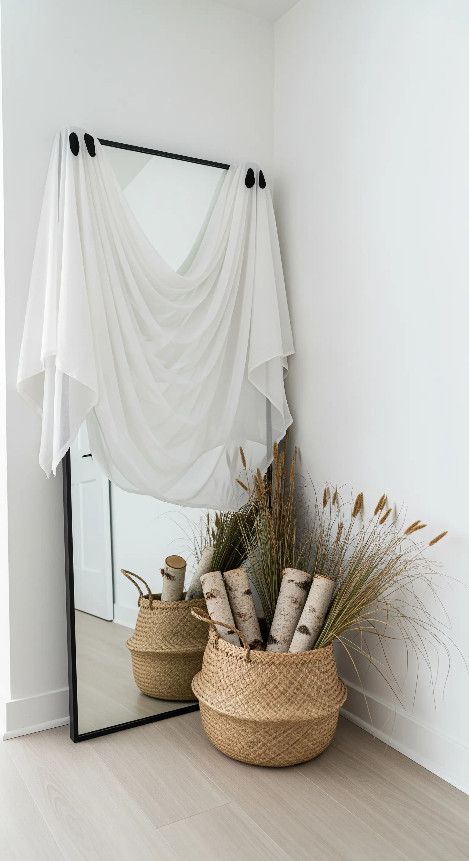 Standspiegel mit drapiertem weißen Stoff als Geist