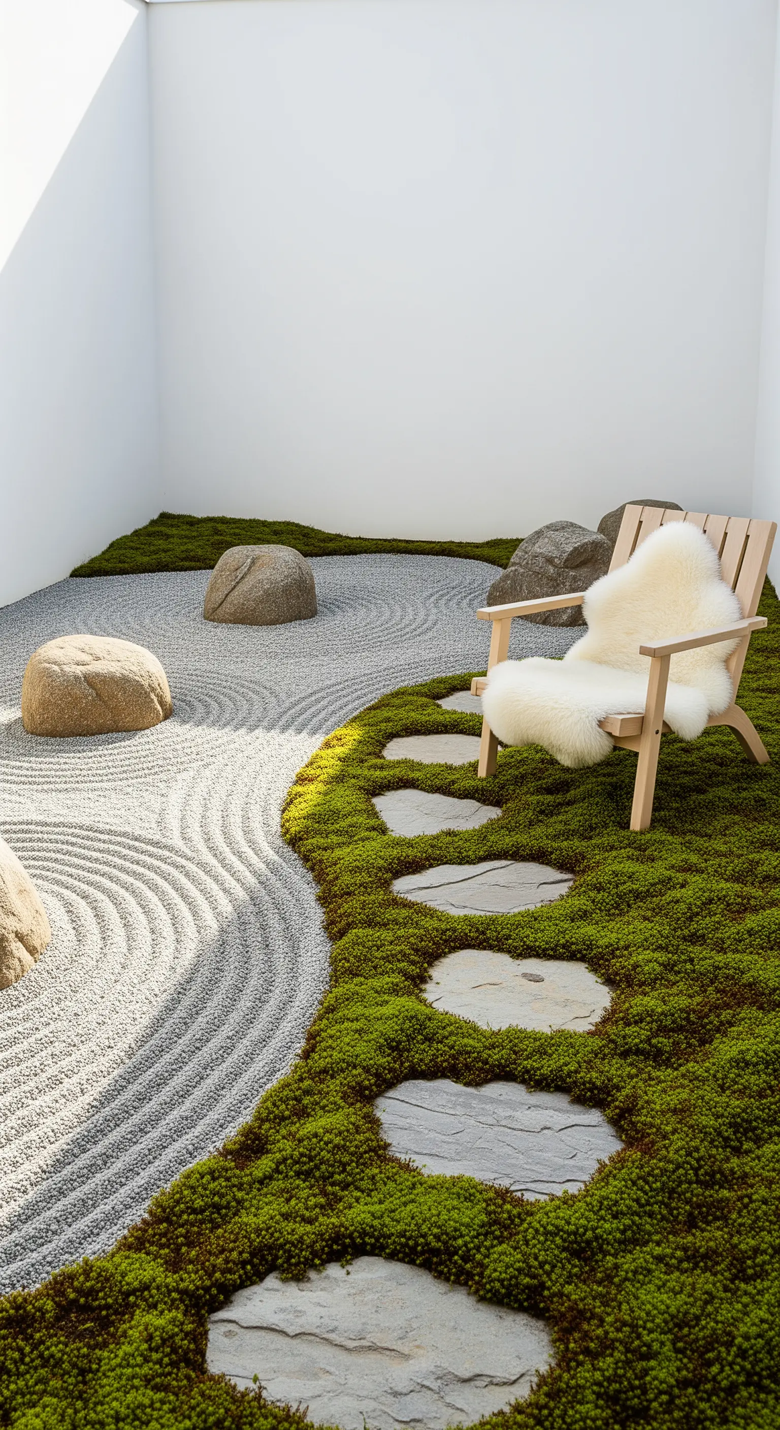 Geharkter Kiesgarten mit Holzsessel und Fellauflage