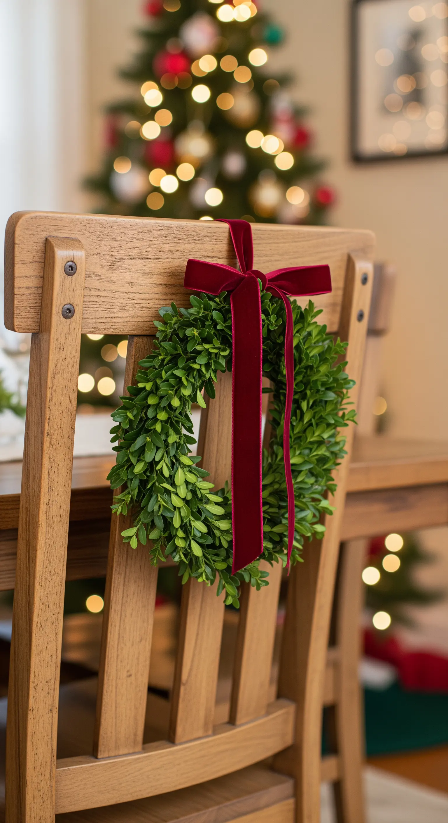 Holzstuhl mit kleinem grünen Kranz und roter Schleife