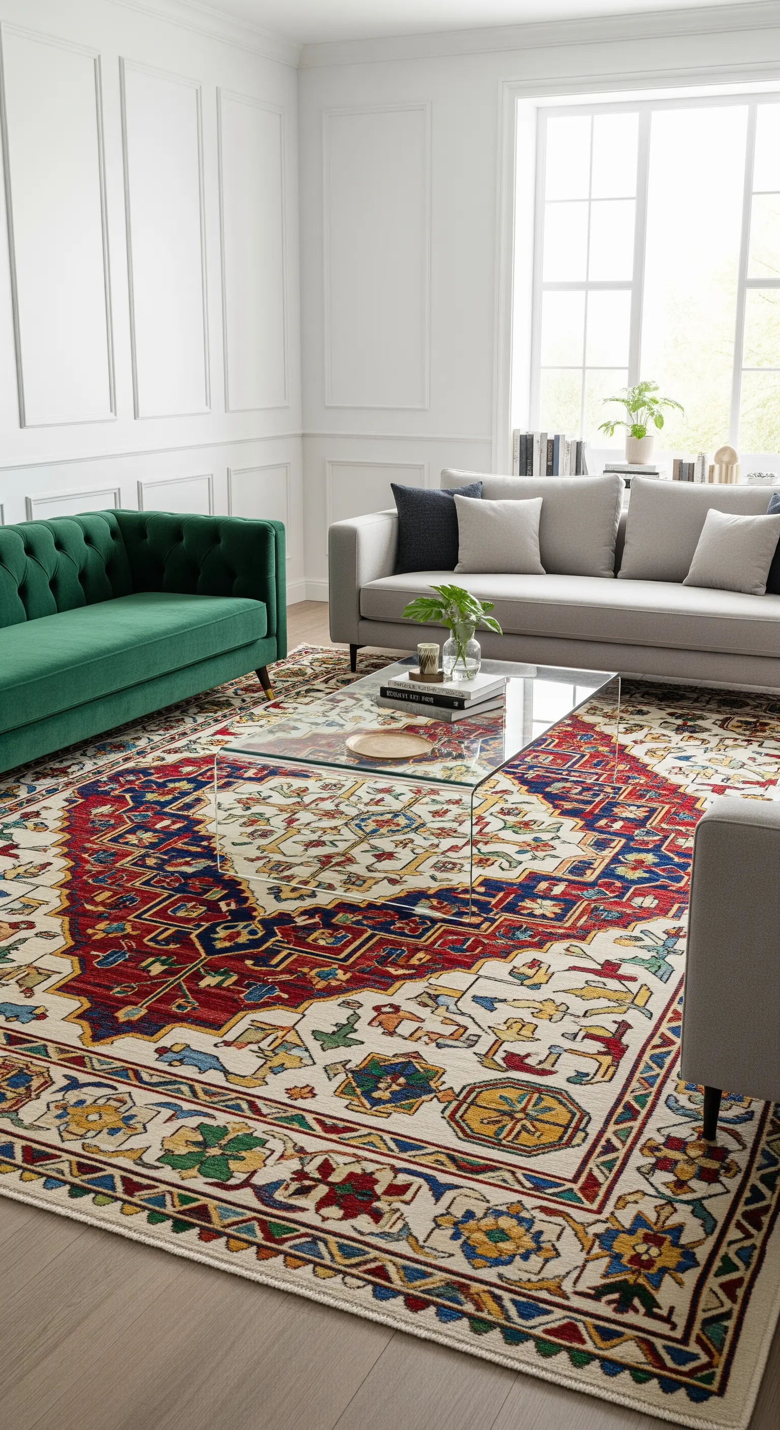 Wohnzimmer mit buntem Orientteppich und Glastisch