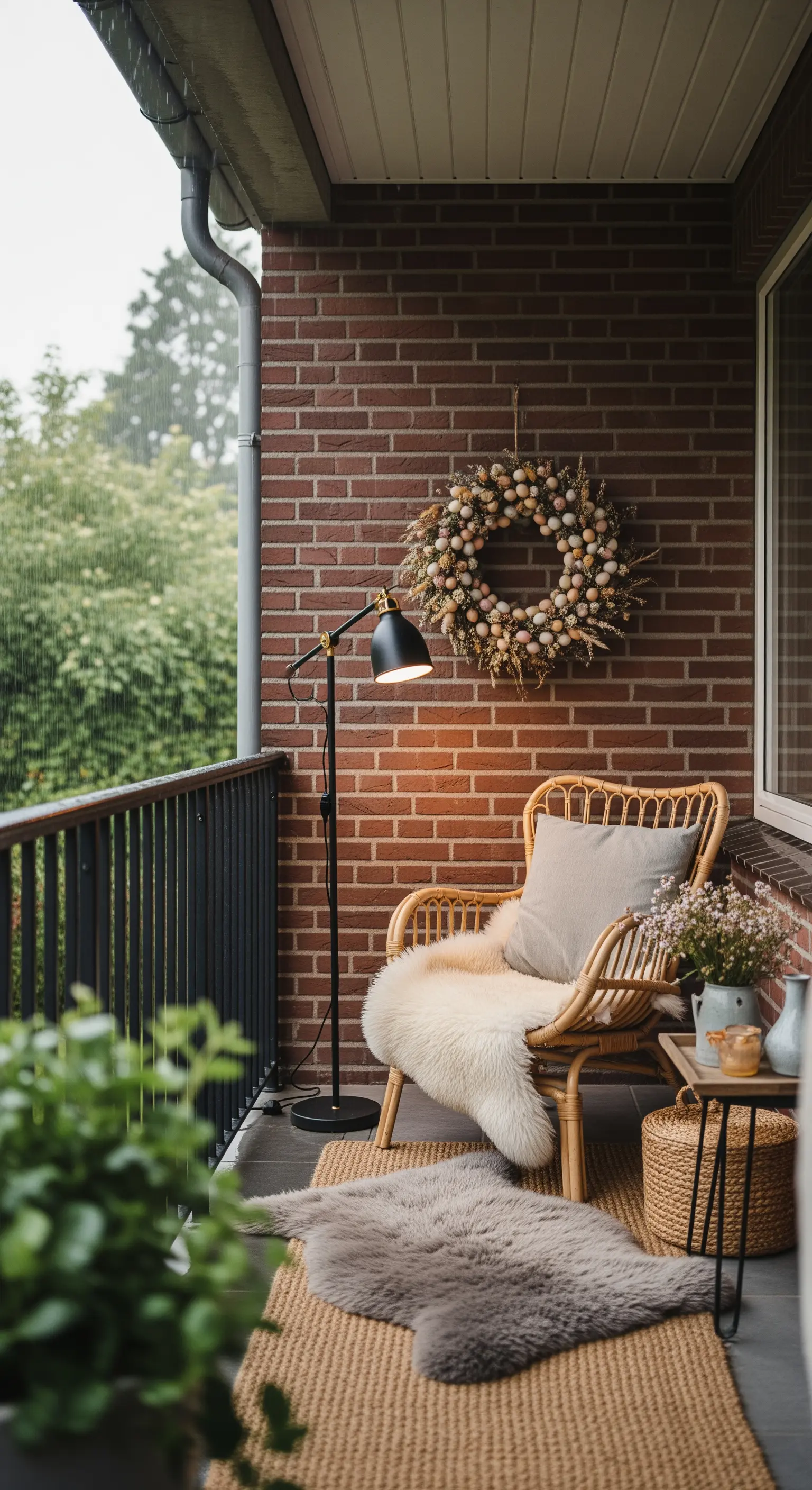 Gemütliche Balkonecke mit Trockenblumenkranz an Backsteinwand