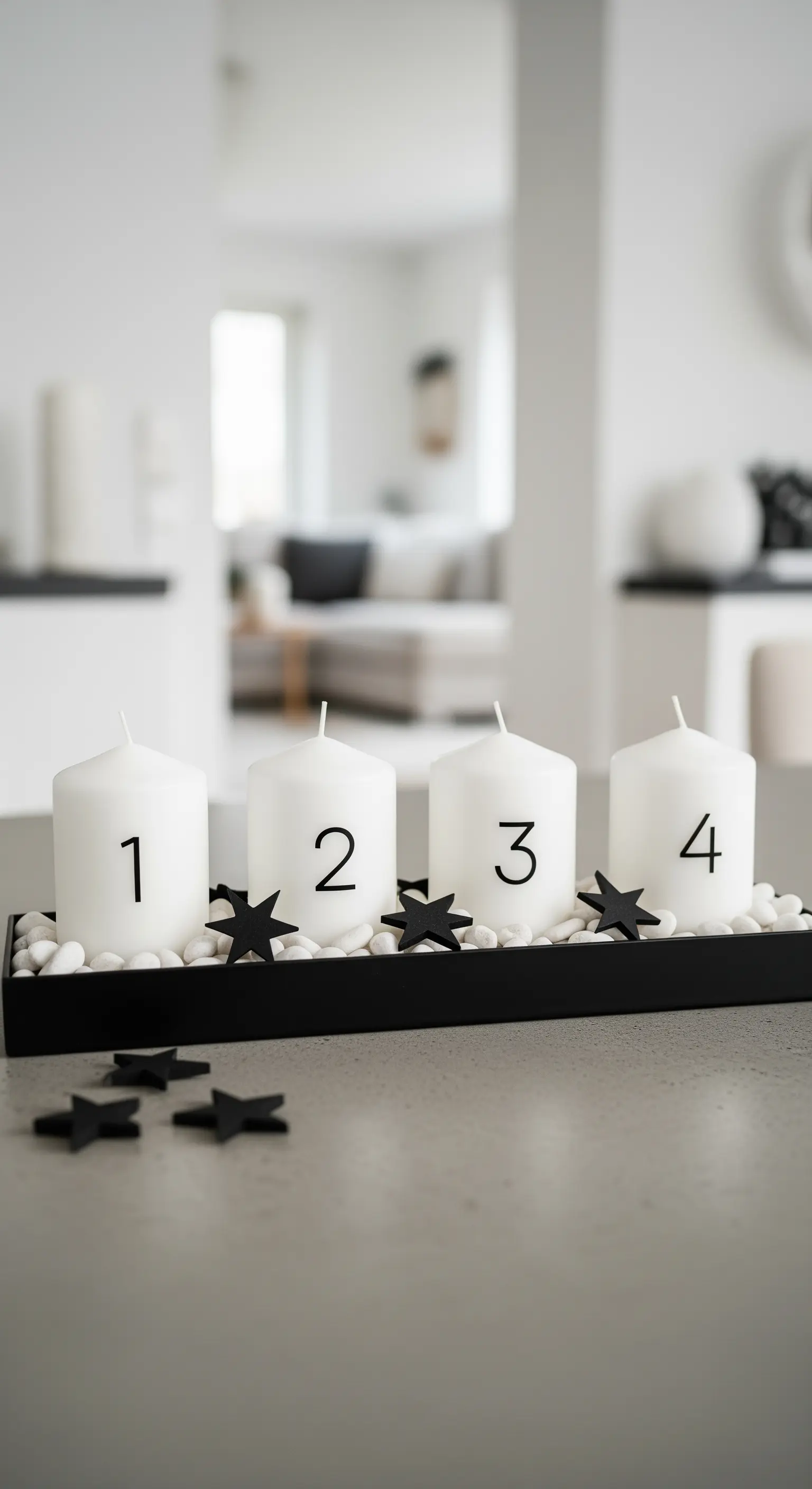 Vier weiße Kerzen mit Zahlen 1-4 auf schwarzem Tablett mit weißen Steinen