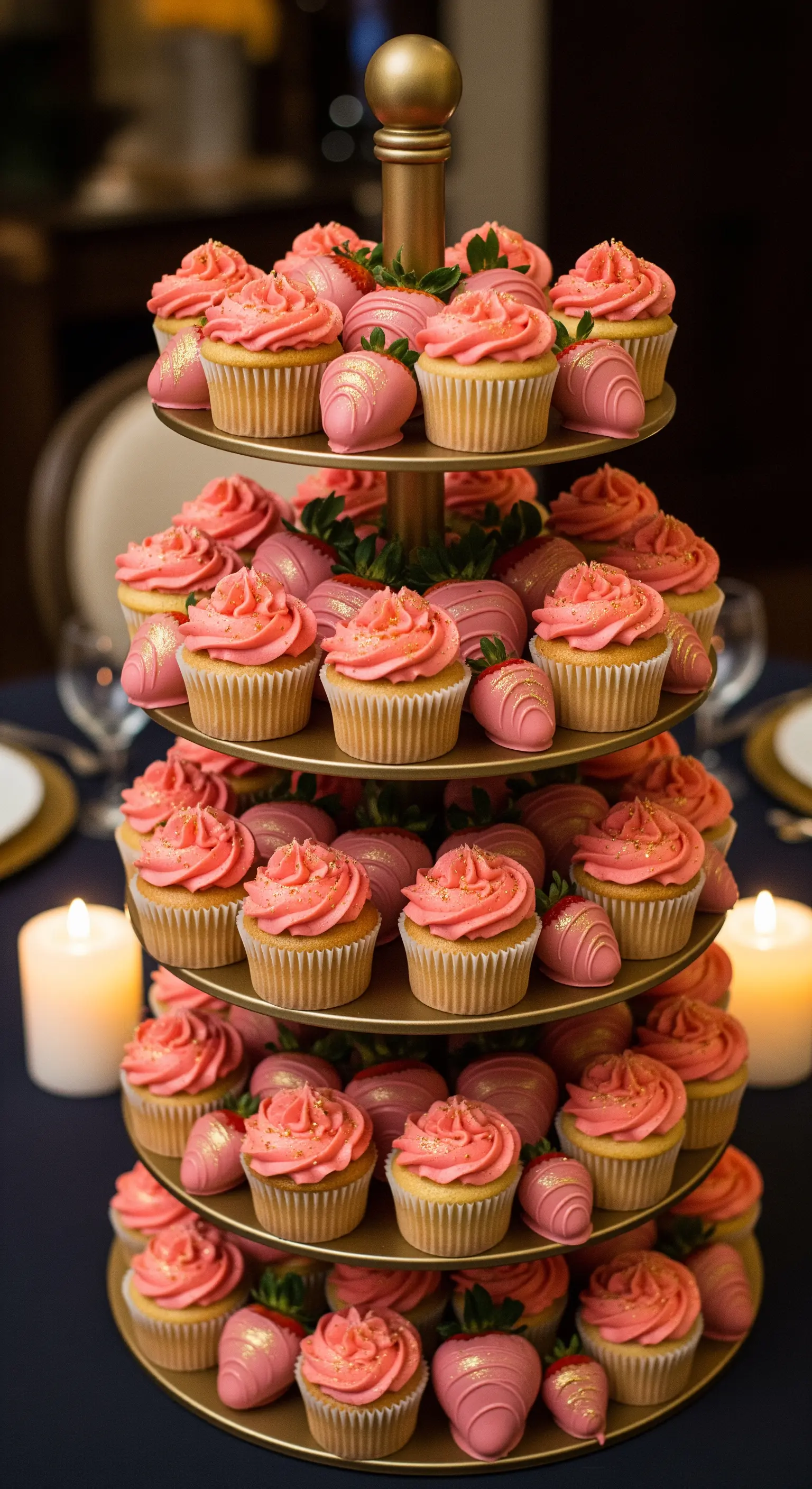 Mehrstöckige Etagere mit rosa Cupcakes und Erdbeeren