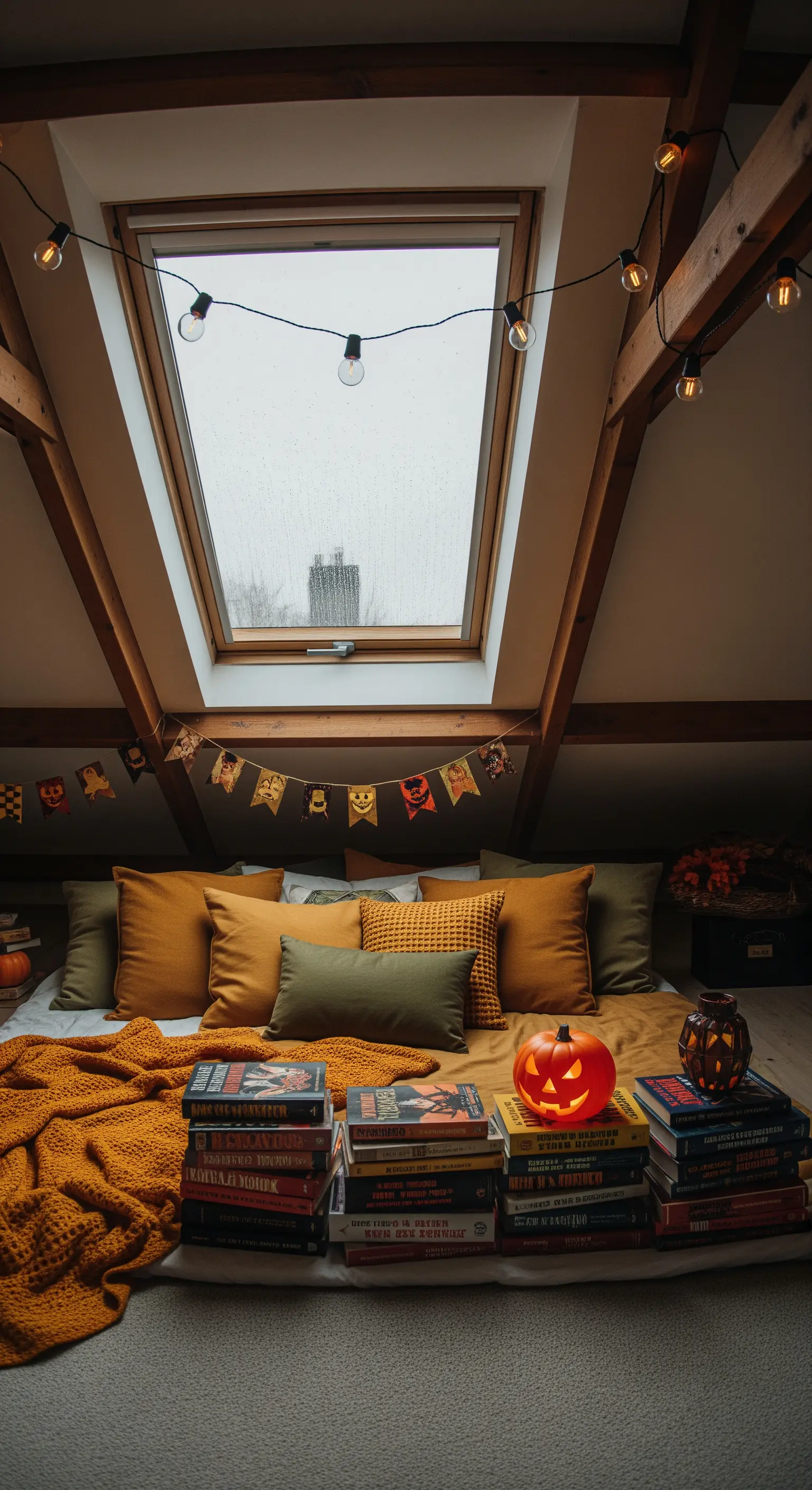 Gemütliches Dachzimmer mit Lichterkette, Büchern und Kürbis