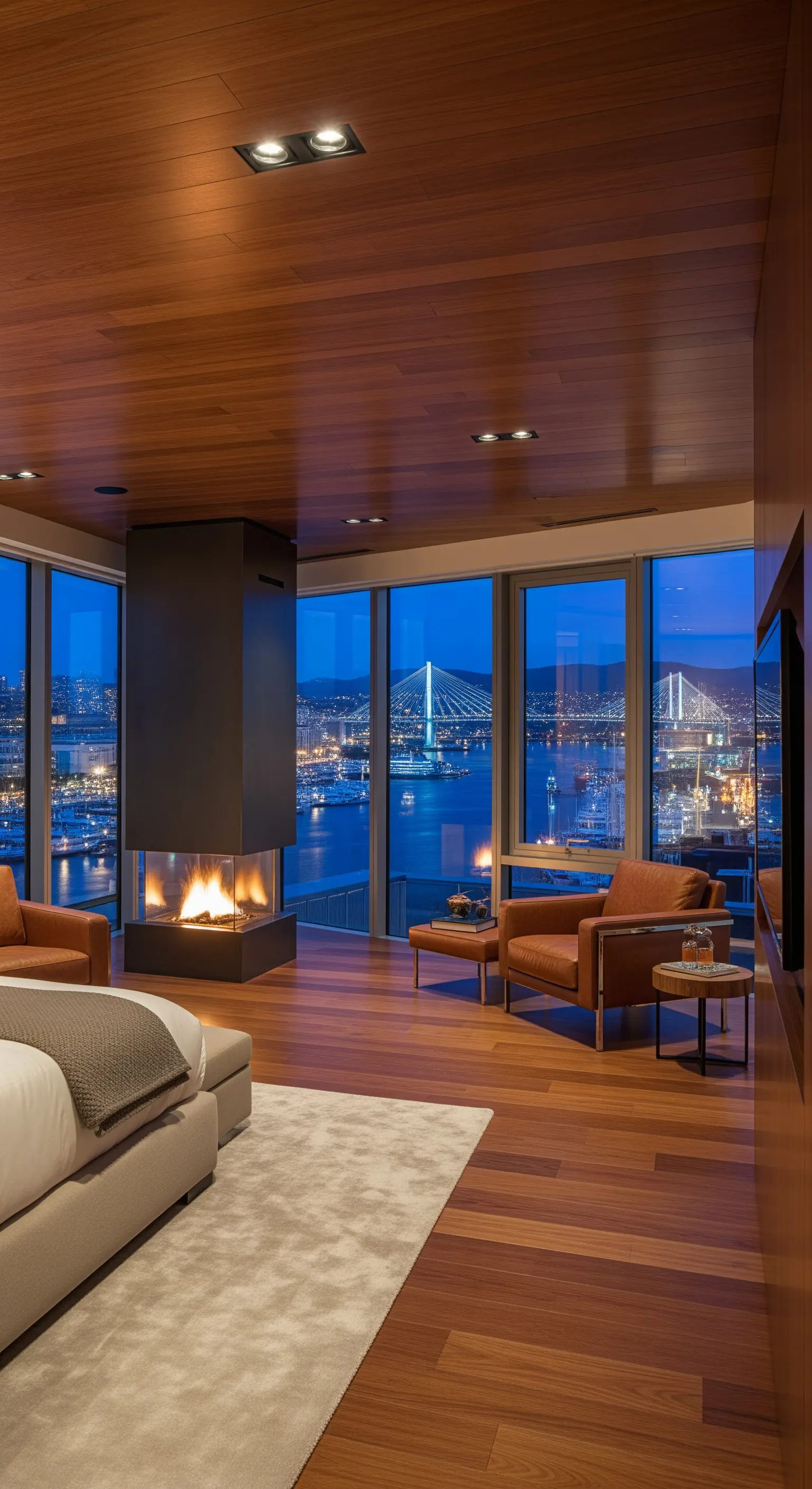 Luxuriöses Schlafzimmer mit Holzboden, Kamin und Ledersesseln