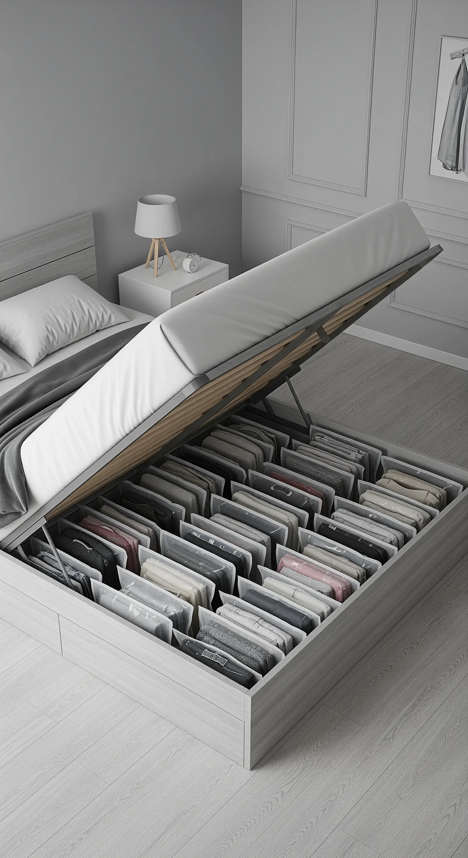 Bett mit hochklappbarem Lattenrost und Stauraum darunter