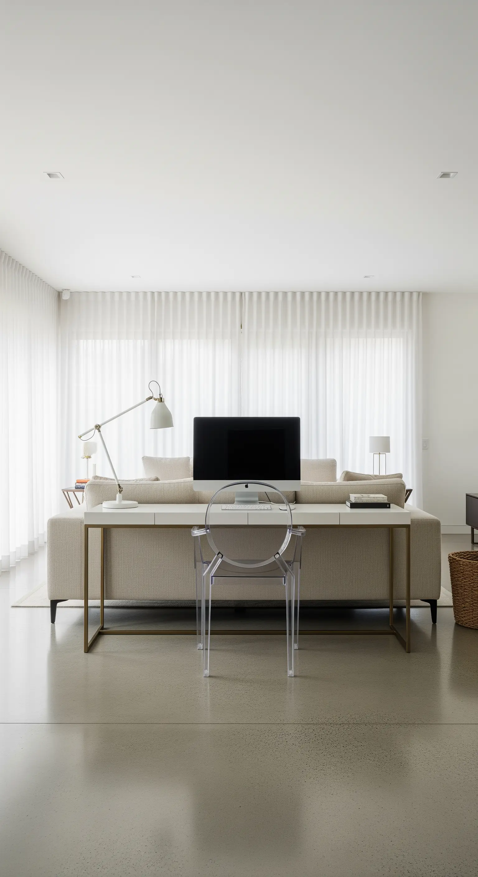 Weißer Schreibtisch hinter beigem Sofa mit transparentem Stuhl