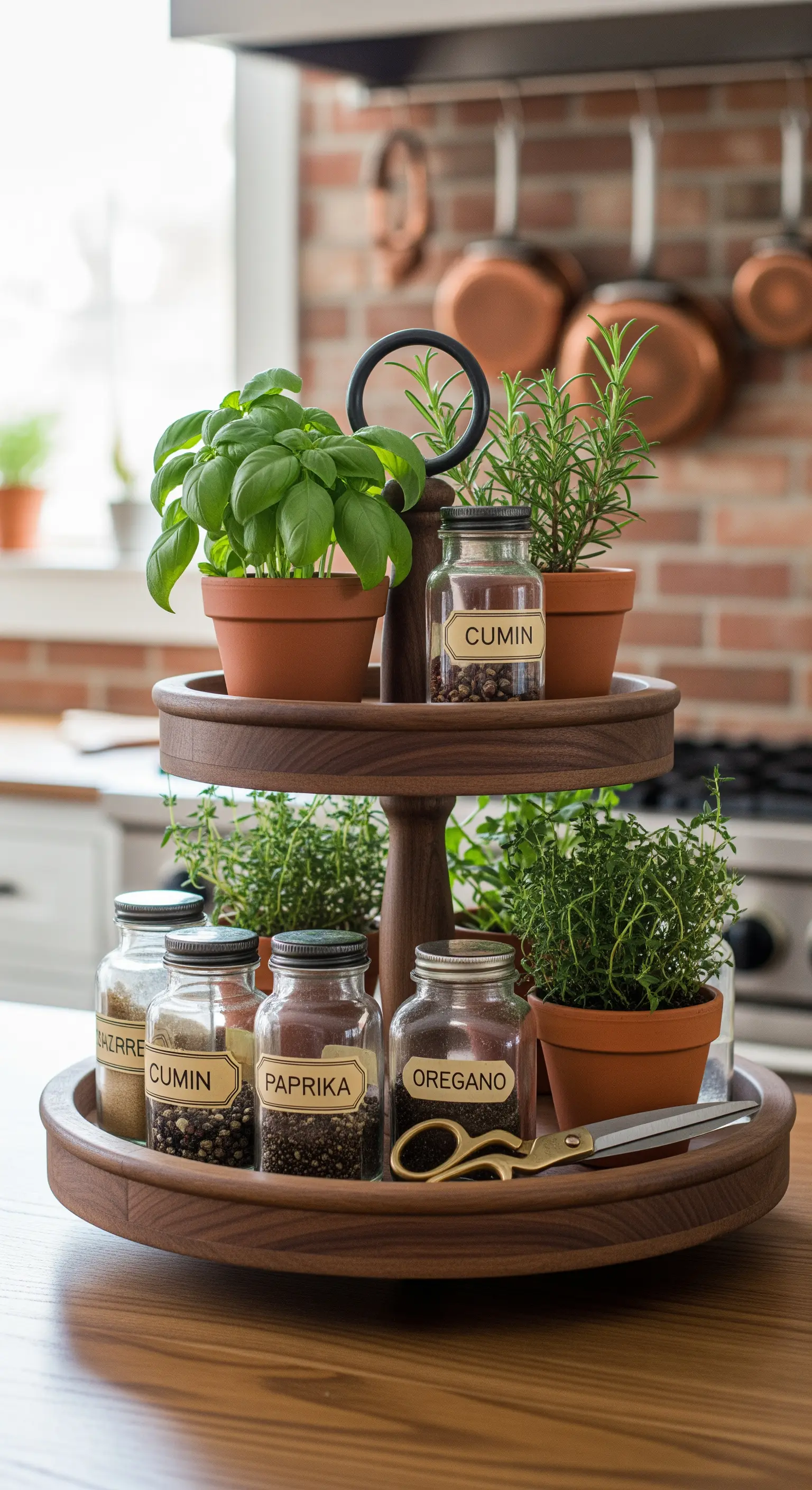 Dunkle Holzetagere mit Tontöpfen voller Kräuter und Gewürzgläsern