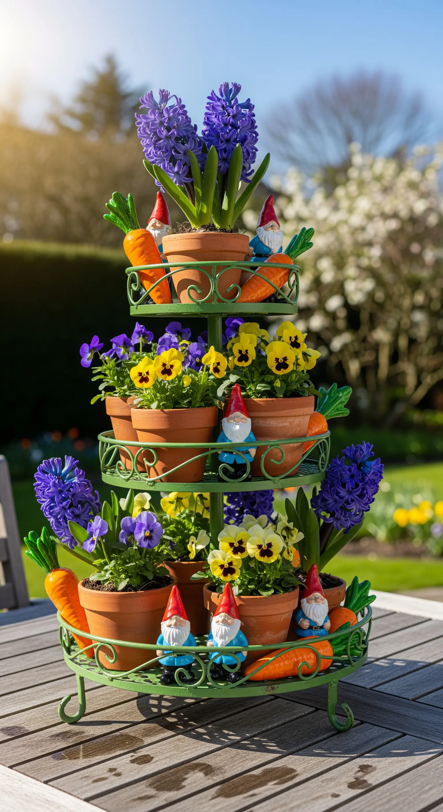 Grüne Etagere mit Blumentöpfen und Gartenzwergen