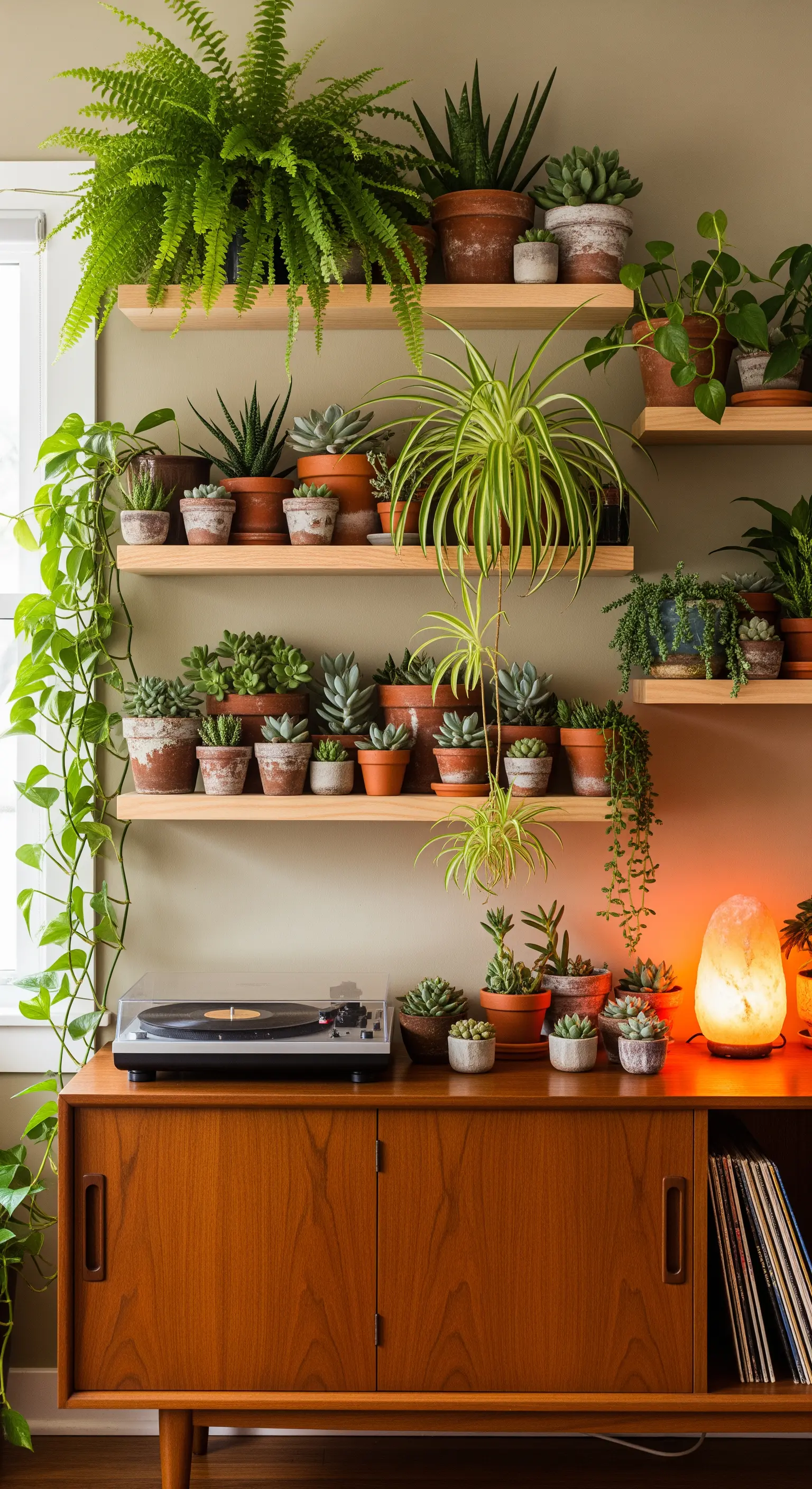 Regalwand voller Zimmerpflanzen über einem Vintage-Sideboard