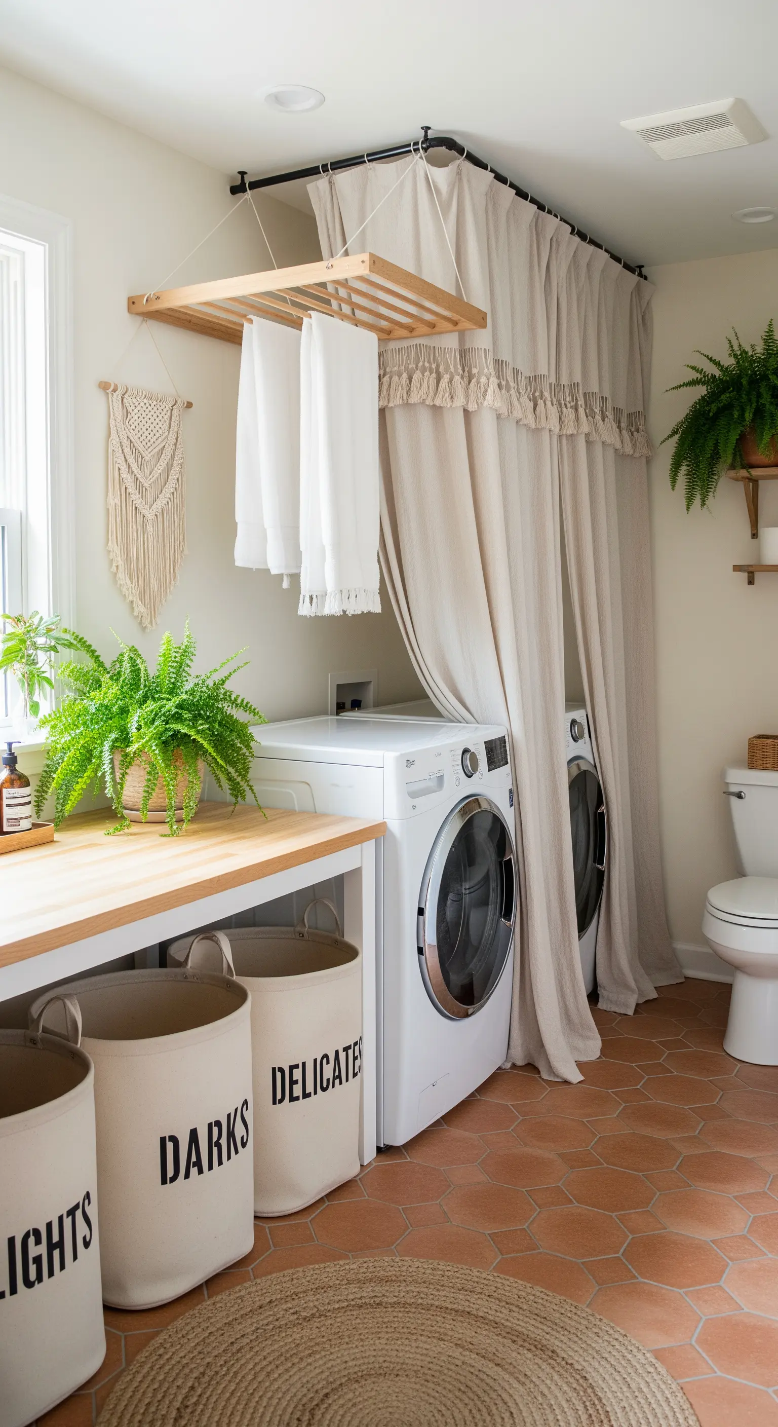 Waschküche mit Vorhängen zum Verstecken der Geräte