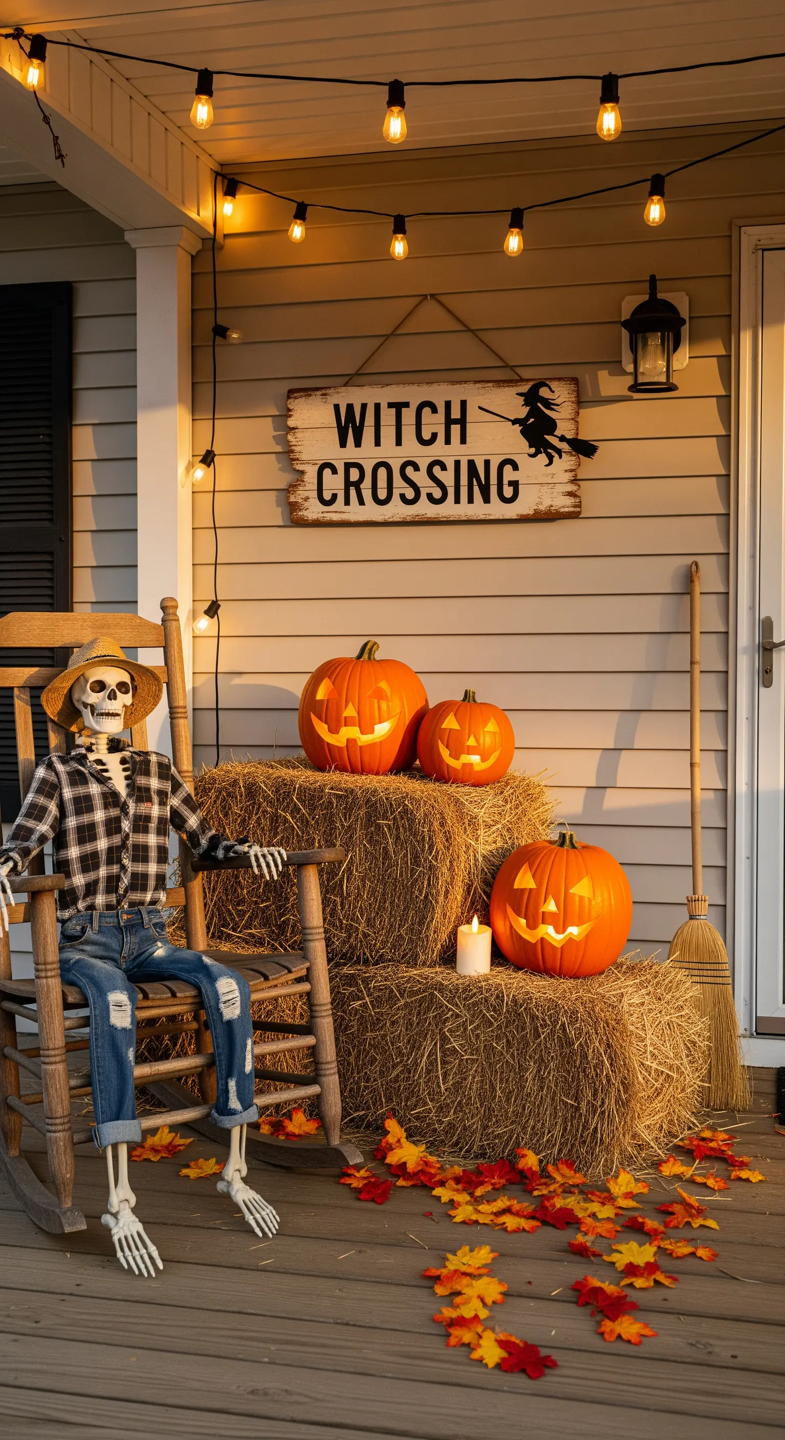 Skelett im Schaukelstuhl auf der Veranda mit Stroh