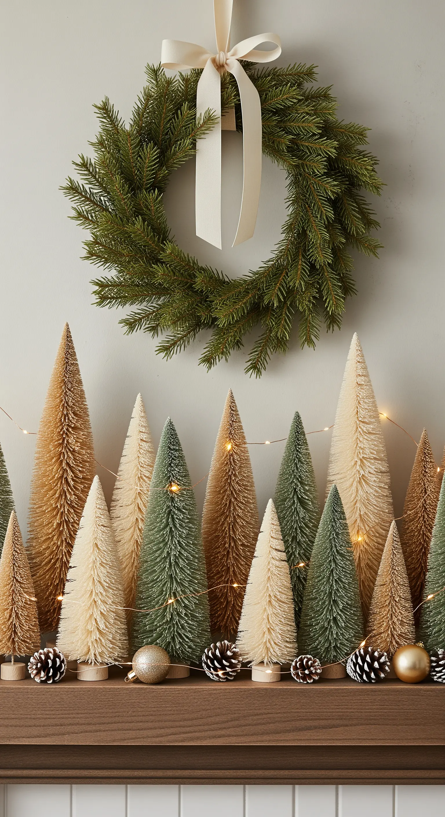 Sammlung von Flaschenbürsten-Bäumen in Beige/Grün auf Sims