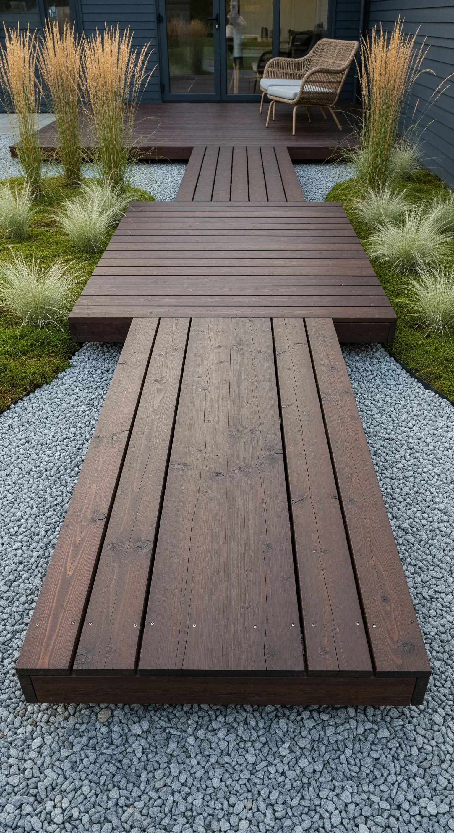 Dunkler Holzsteg führt über grauen Kies und Moosbeete