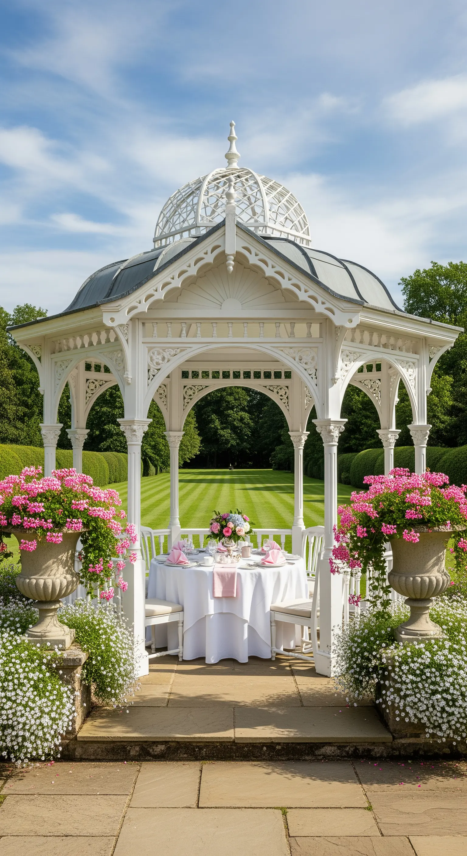 Weißer Holzpavillon mit gedecktem Tisch