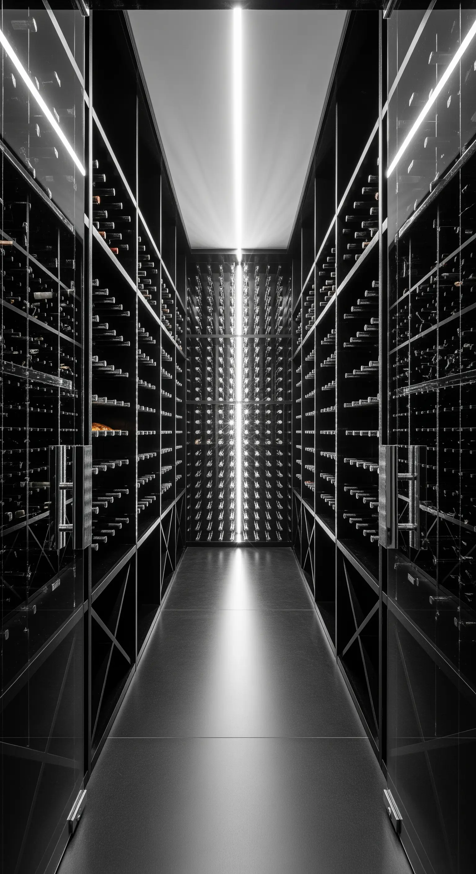 Moderner verglaster Weinkeller mit Licht