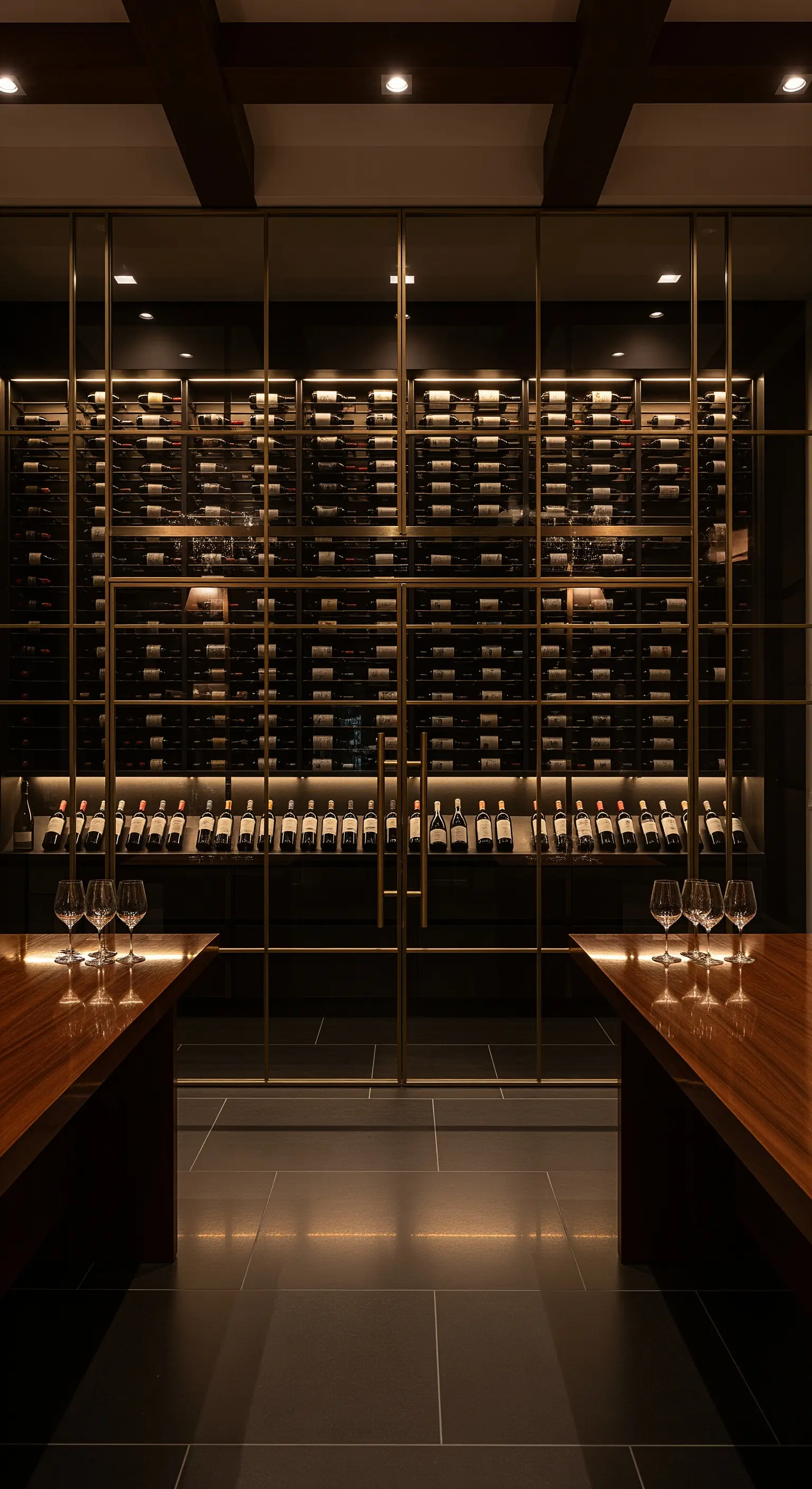 Weinschrank Wand mit Glastüren und Goldregalen