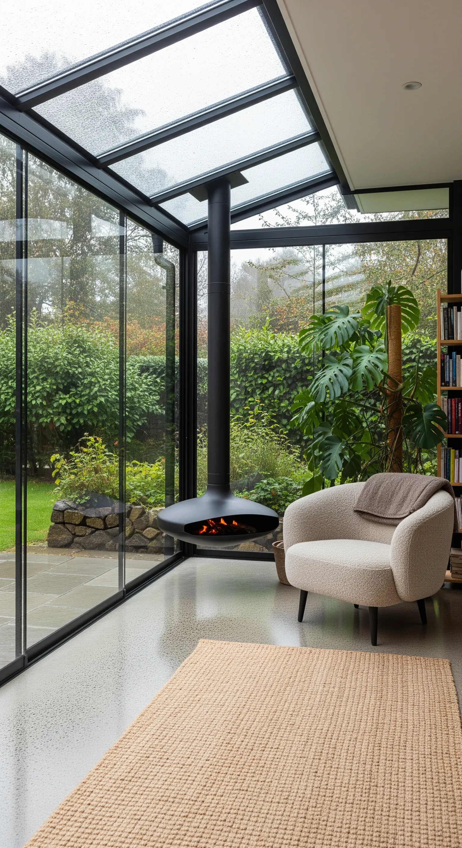 Moderner Wintergarten mit hängendem Kamin