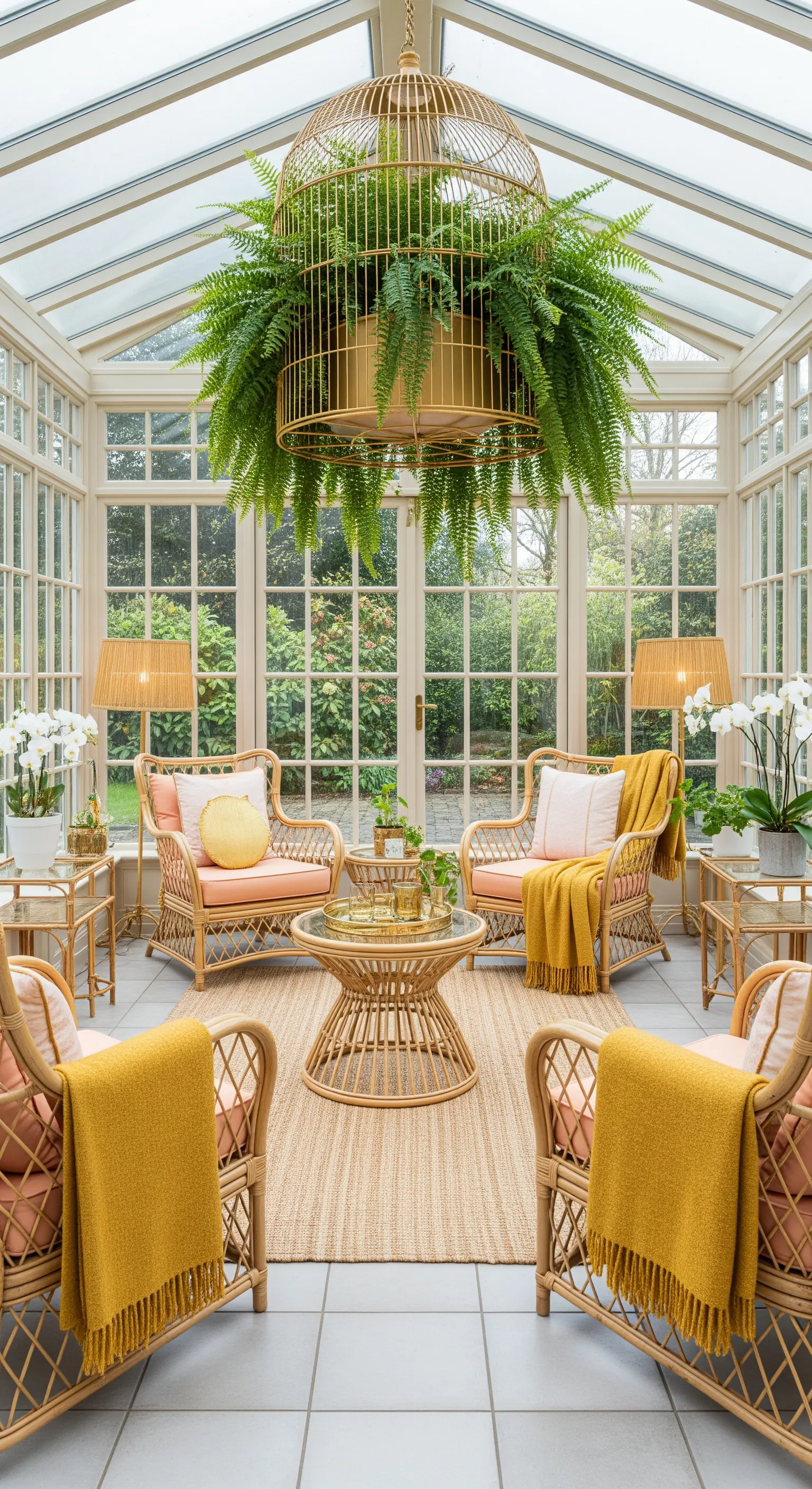 Wintergarten mit Vogelkäfig-Lampe und Rattanmöbeln