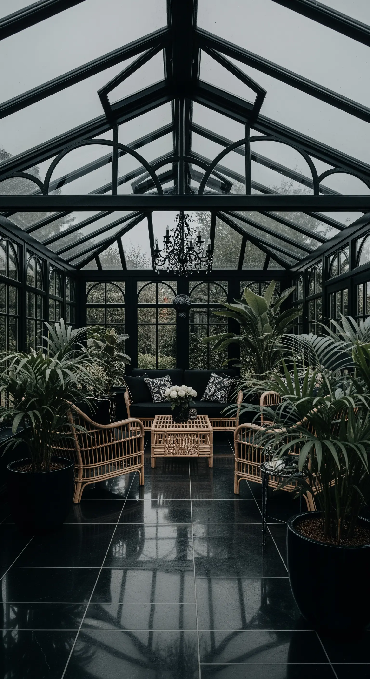 Wintergarten mit schwarzen Rahmen und Pflanzen