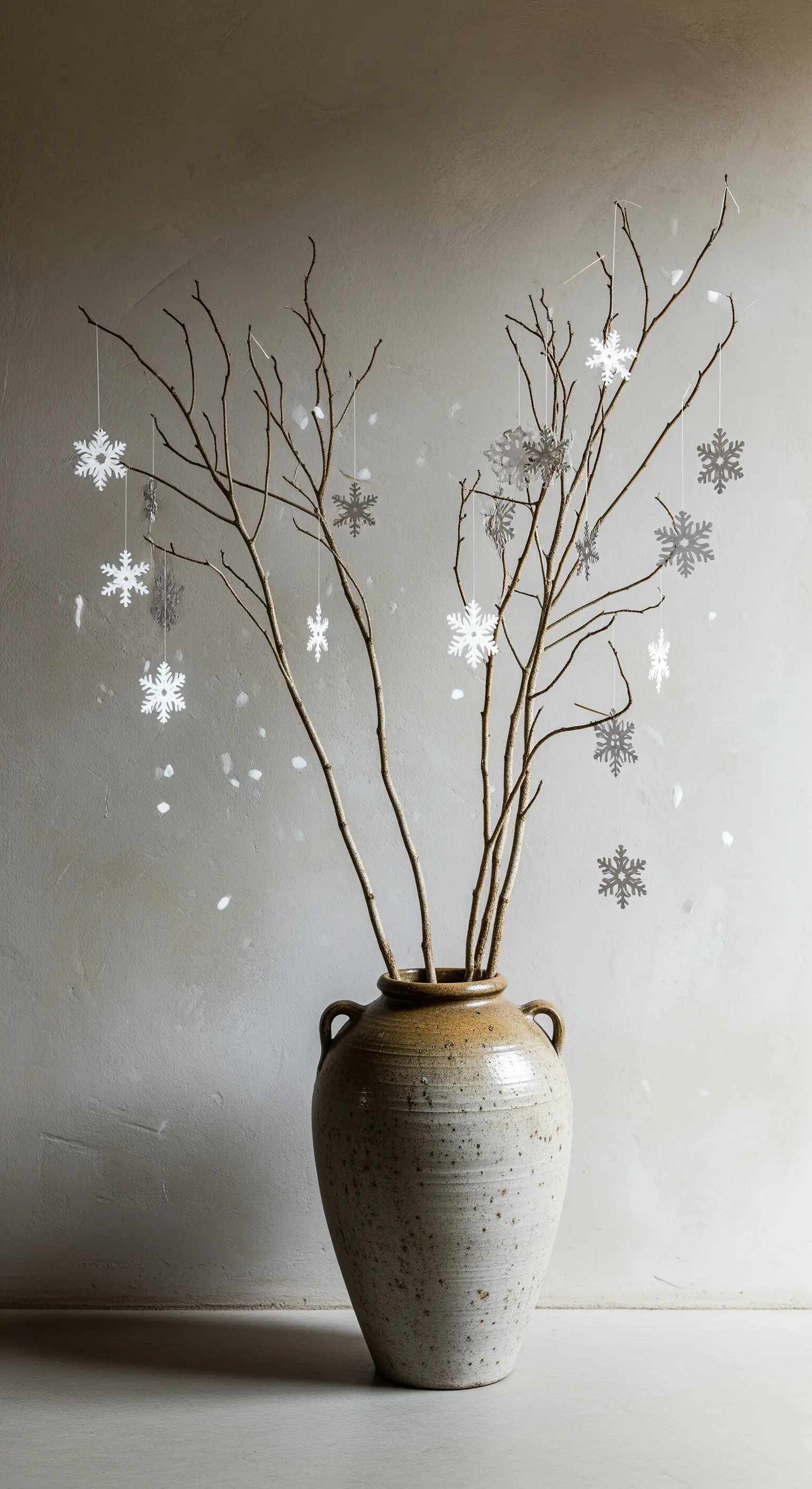 Kahle Äste in einer Keramikvase, dekoriert mit feinen weißen Papier-Schneeflocken.