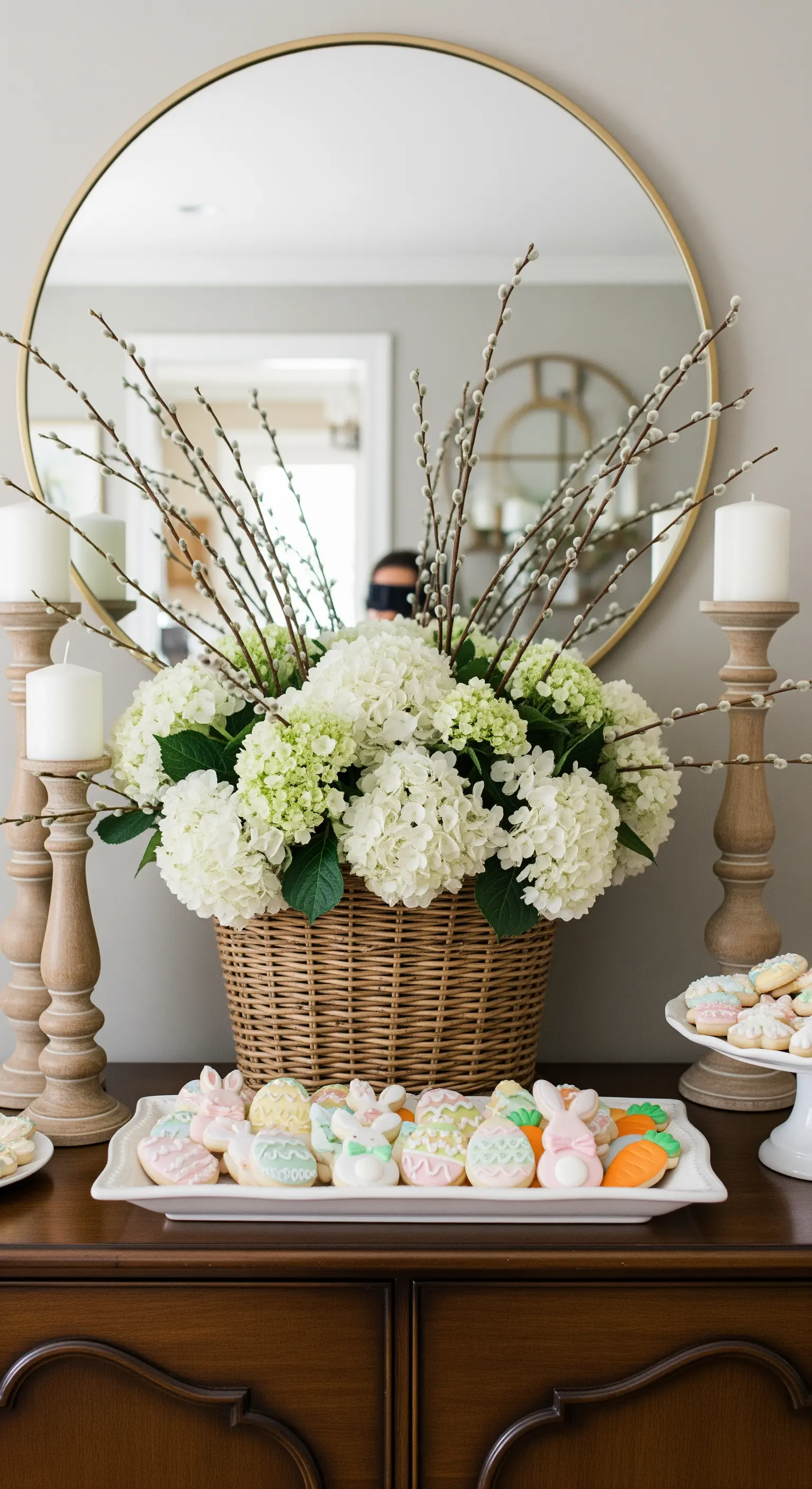 Großer Weidenkorb mit weißen Hortensien vor einem runden Spiegel