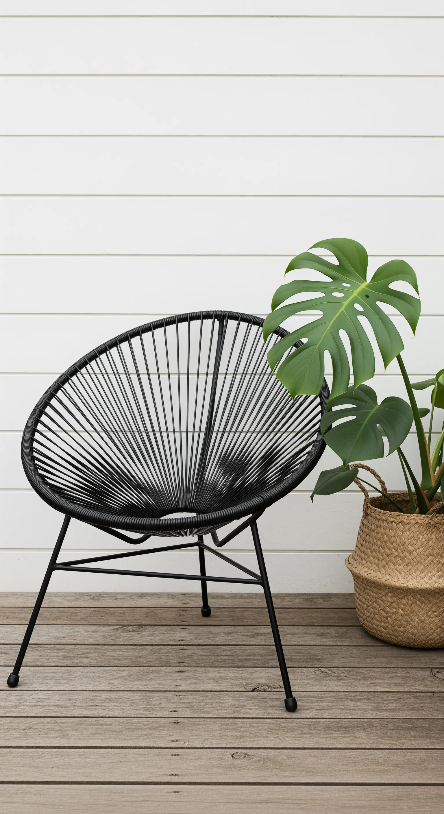 Schwarzer Drahtstuhl neben Monstera Pflanze vor weißer Wand