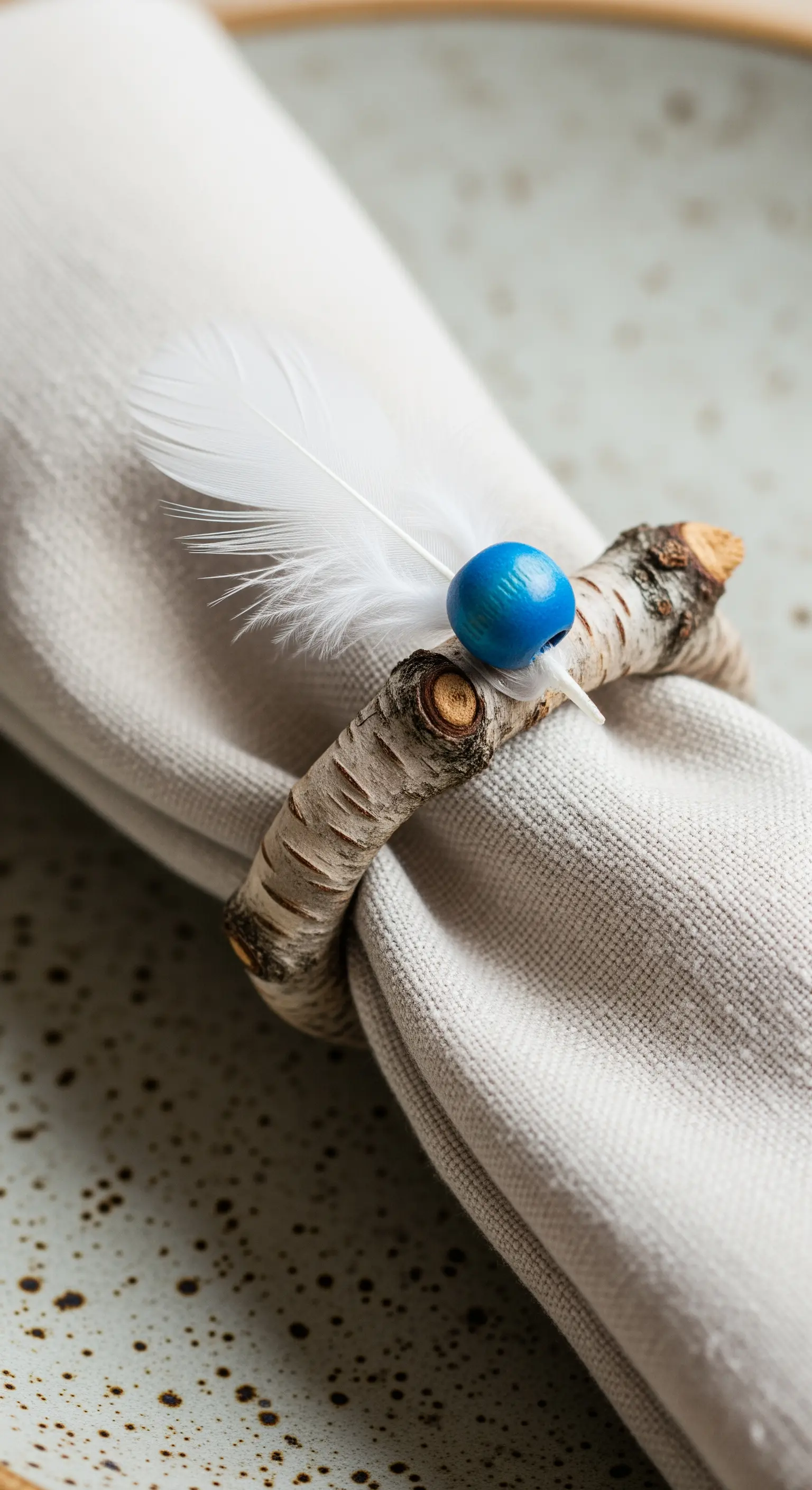 Serviettenring aus Birkenzweig mit Feder und blauer Perle auf Leinen
