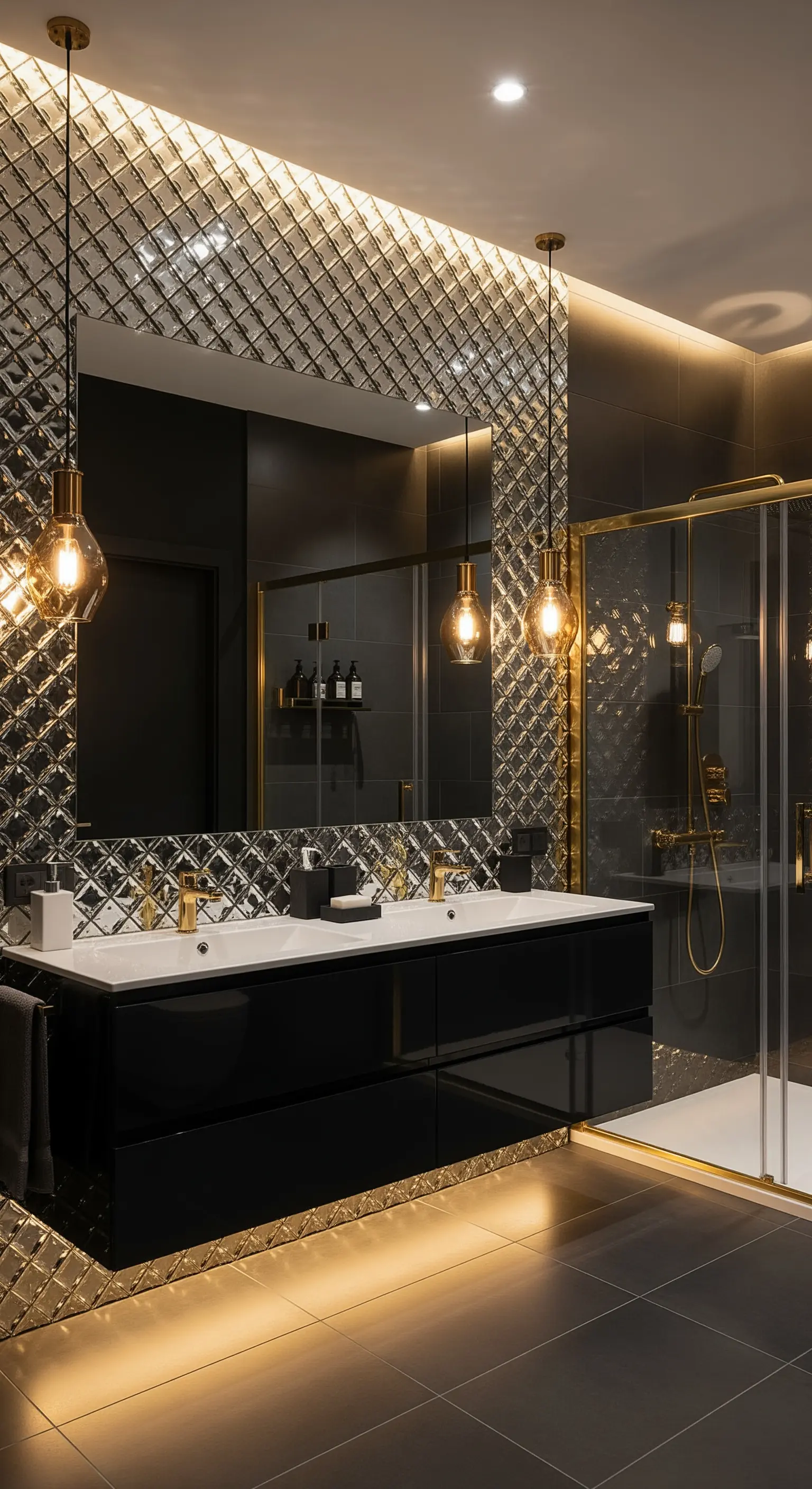 Schwarzes Bad mit einer Wand aus silberner Diamant-Struktur und Goldleuchten