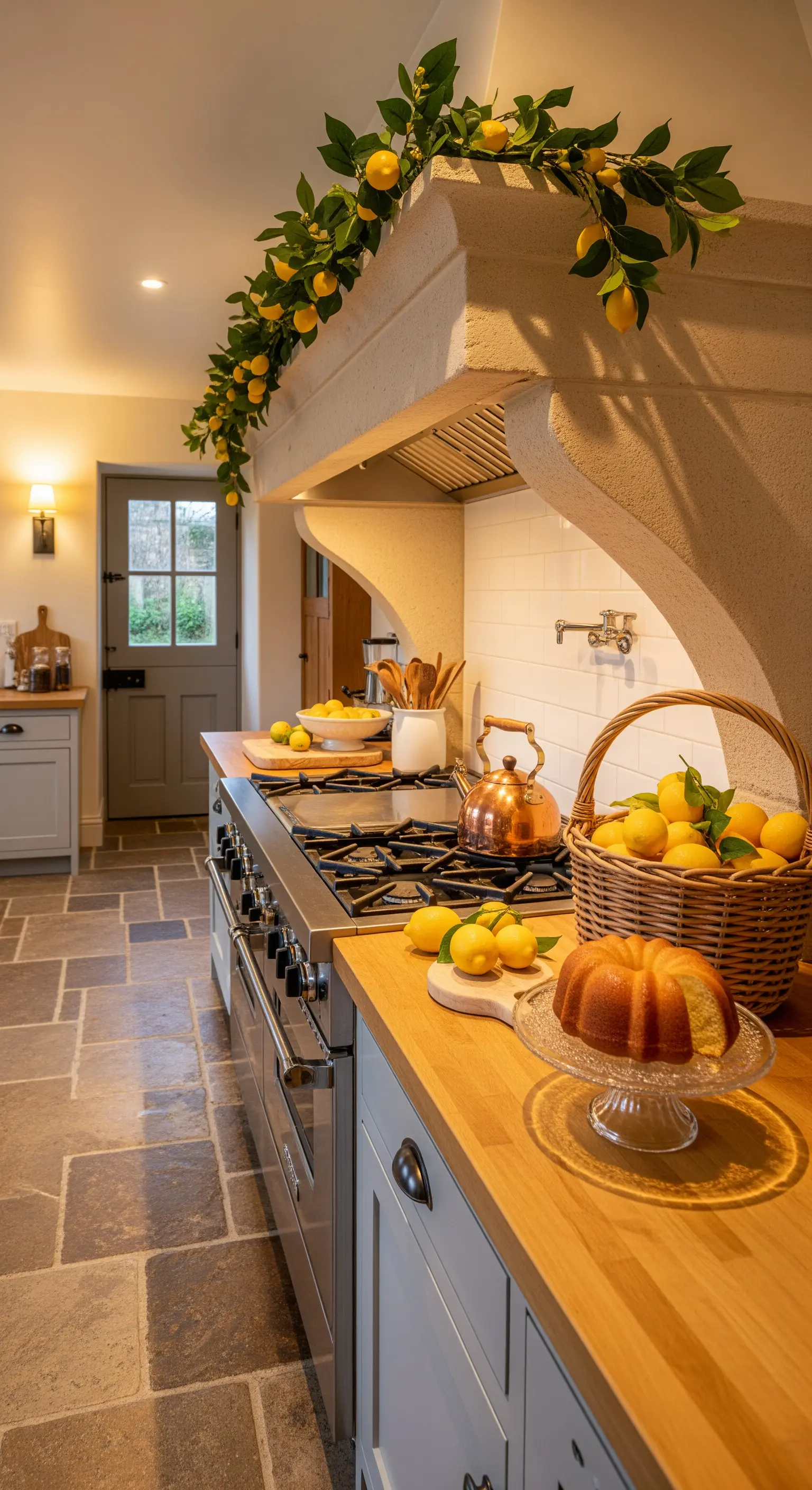 Zitronengirlande auf rustikaler Abzugshaube in Landhausküche