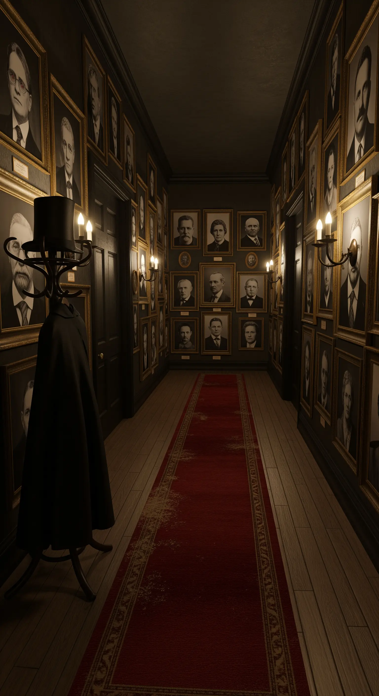 Dunkler Flur mit Portrait-Galerie und rotem Teppich